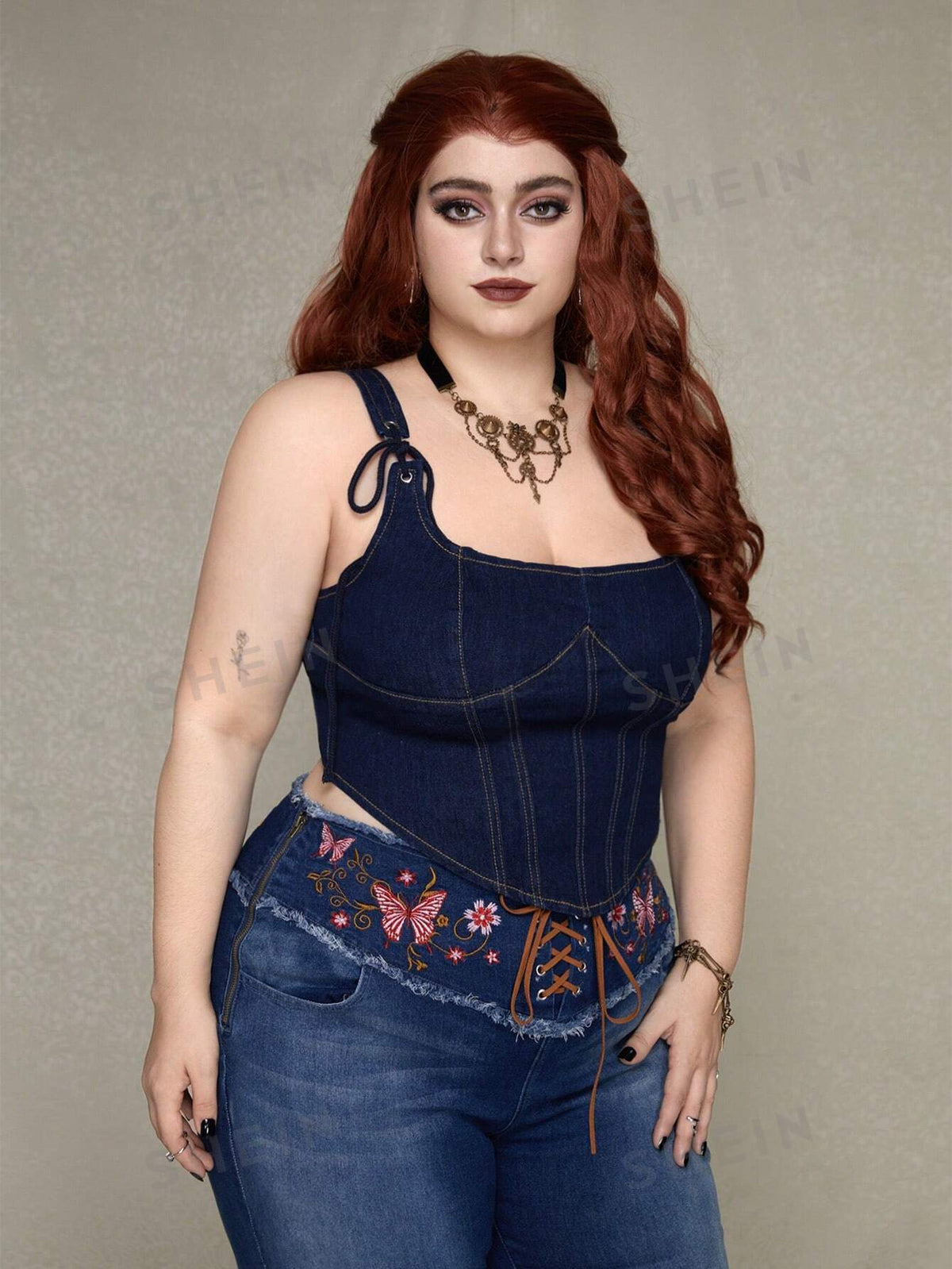 ROMWE PUNK Casual Plus Size Women'S Eyelet Lace-Up Sleeveless Denim Top