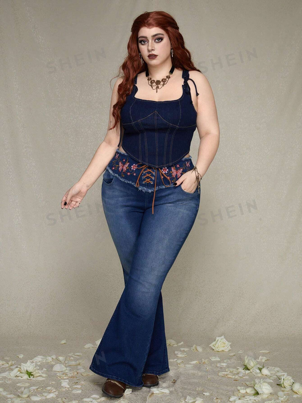 ROMWE PUNK Casual Plus Size Women'S Eyelet Lace-Up Sleeveless Denim Top