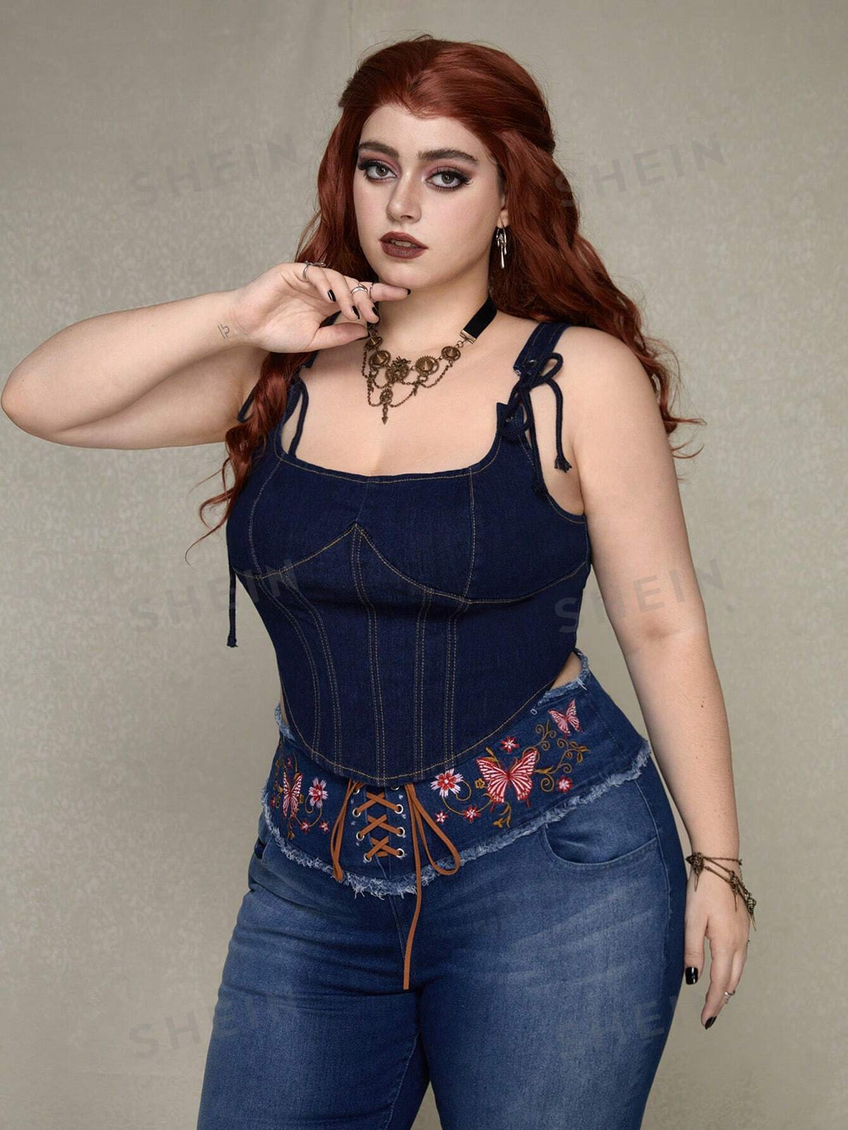 ROMWE PUNK Casual Plus Size Women'S Eyelet Lace-Up Sleeveless Denim Top