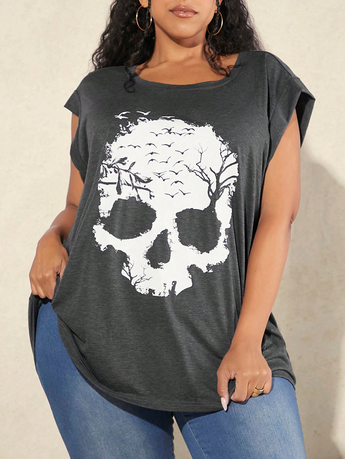 CURVE  Plus Size Women's Skull Print Round Neck Green T-Shirt