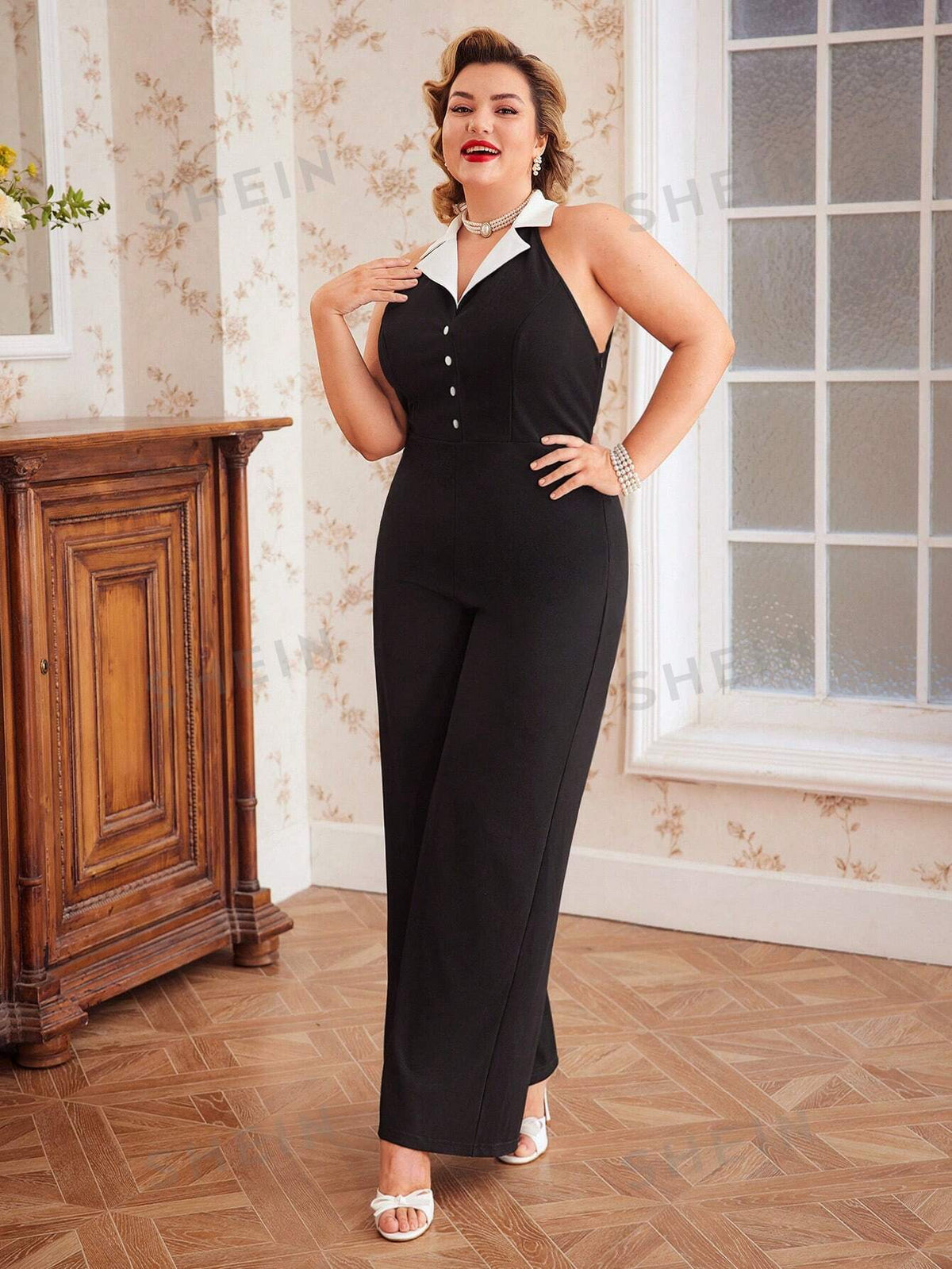 Elegant Vintage Plus Size Color Block Jumpsuit for Summer and Spring