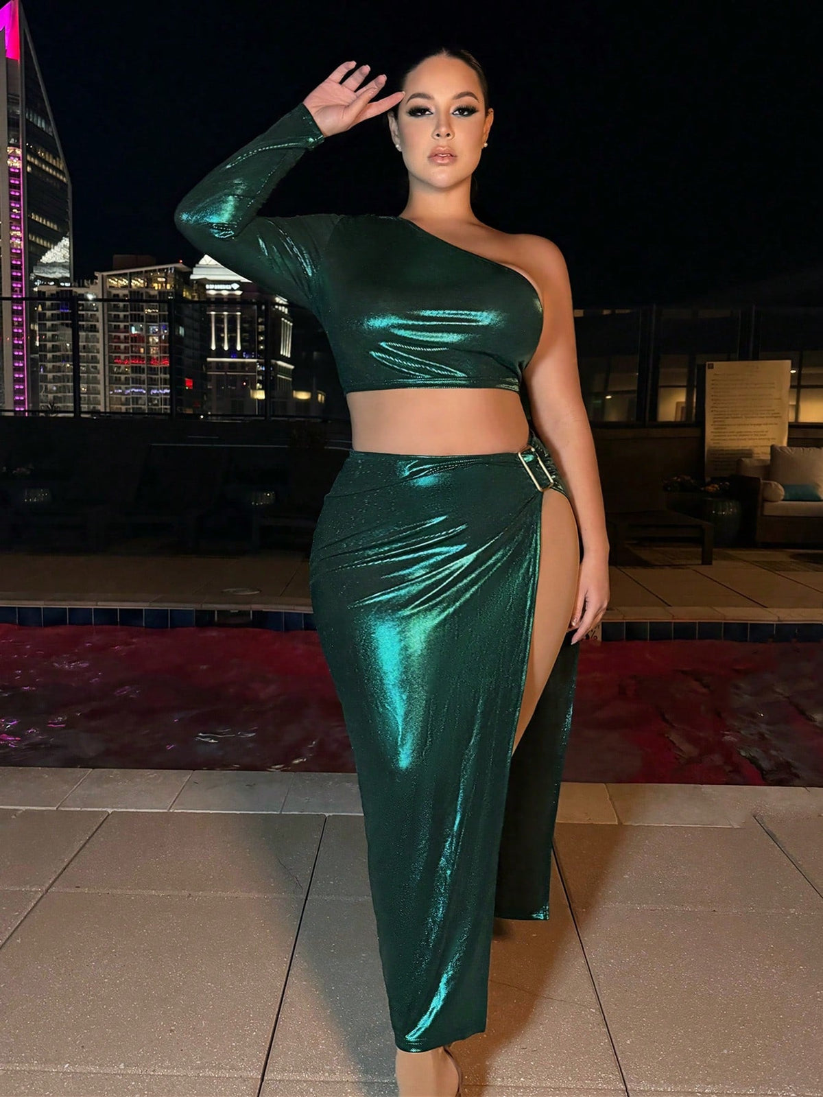 Plus Size One Shoulder Long Sleeve Crop Top And High Slit Skirt Set