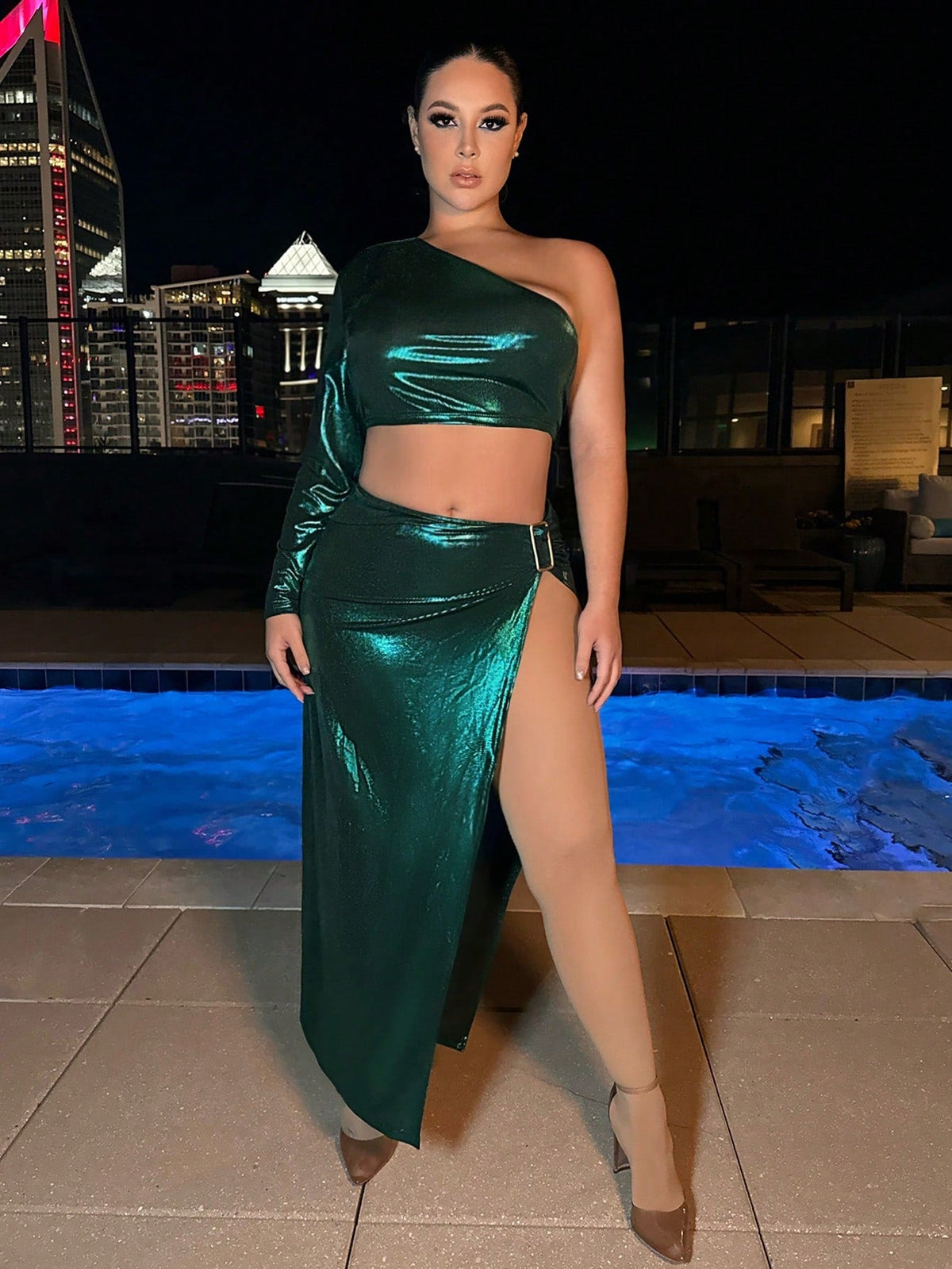 Plus Size One Shoulder Long Sleeve Crop Top And High Slit Skirt Set