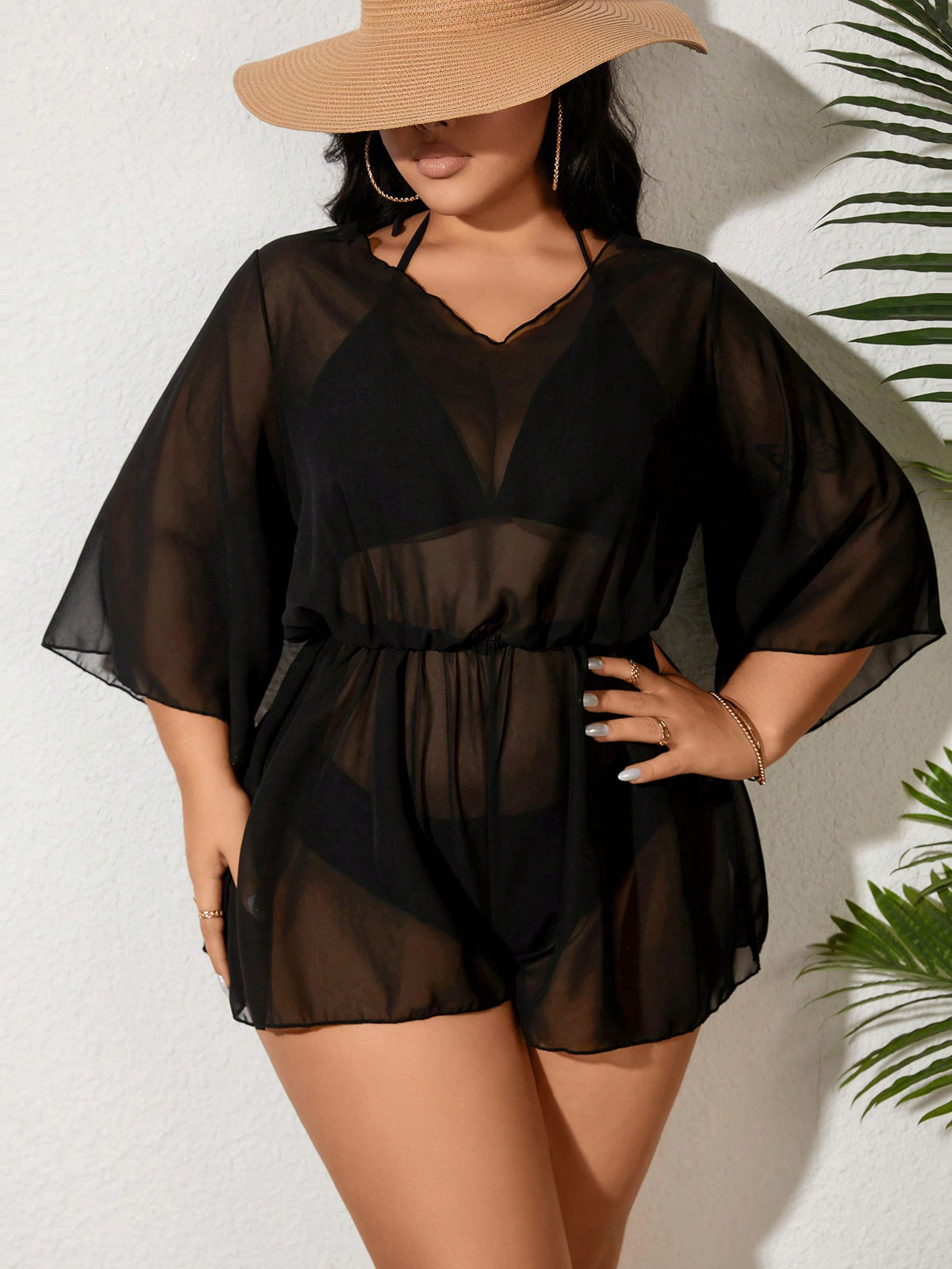 Swim Event Plus Size Skull & Hand Printed Sheer Mesh Cover Up