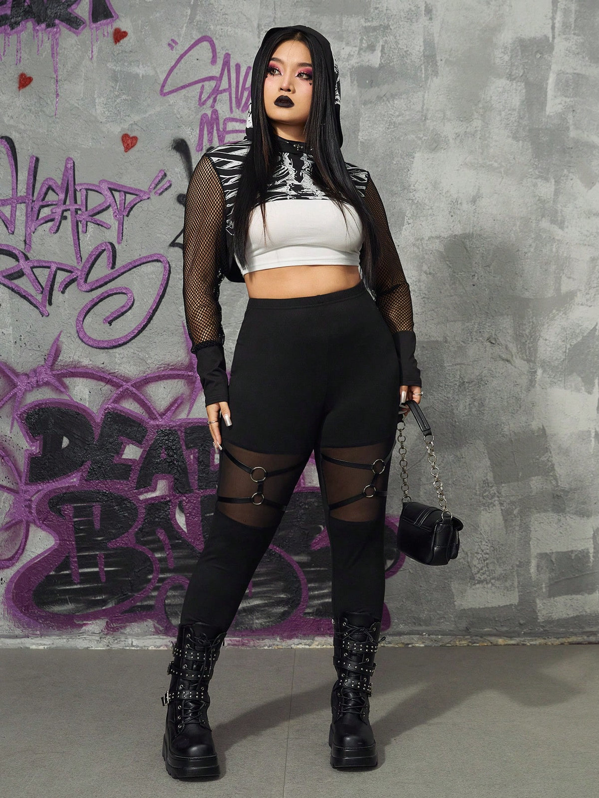 ROMWE Grunge Punk Sexy Plus Size Leggings With Hollow Out Belt Decorated Buckle Design, Gothic Punk Style