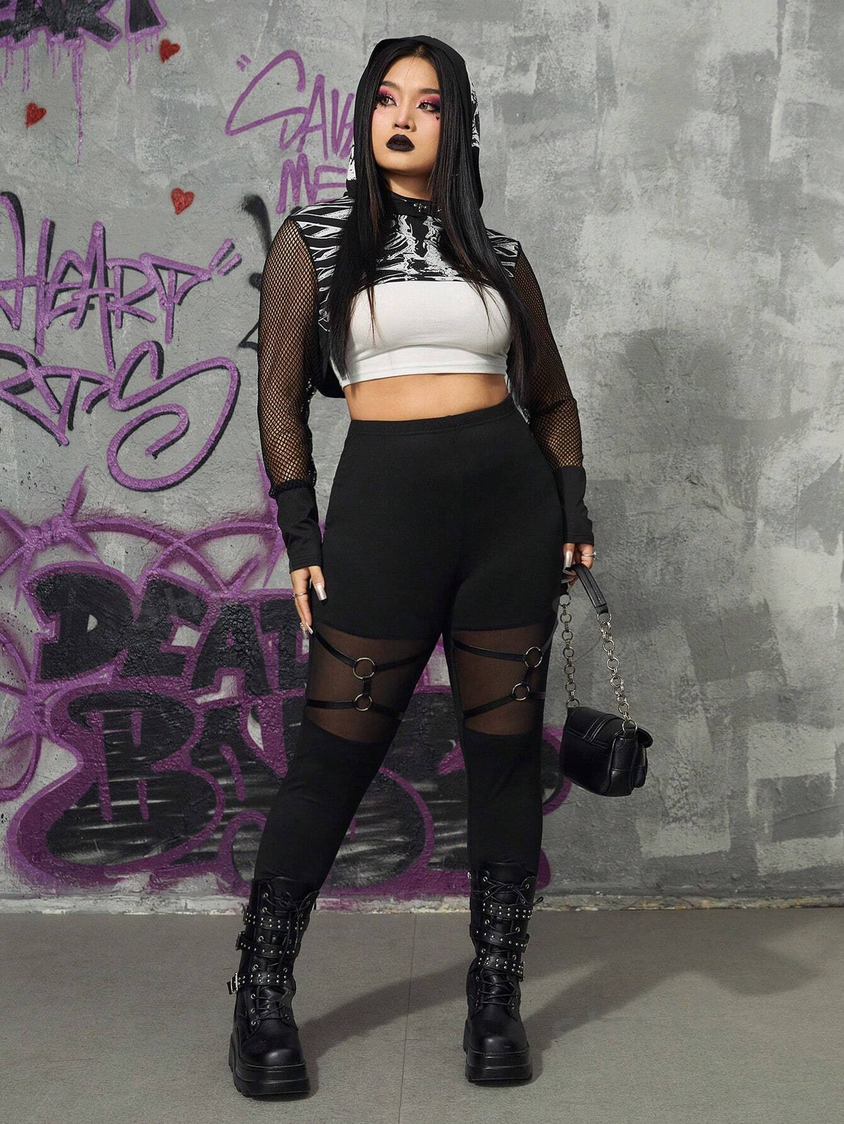 ROMWE Grunge Punk Sexy Plus Size Leggings With Hollow Out Belt Decorated Buckle Design, Gothic Punk Style