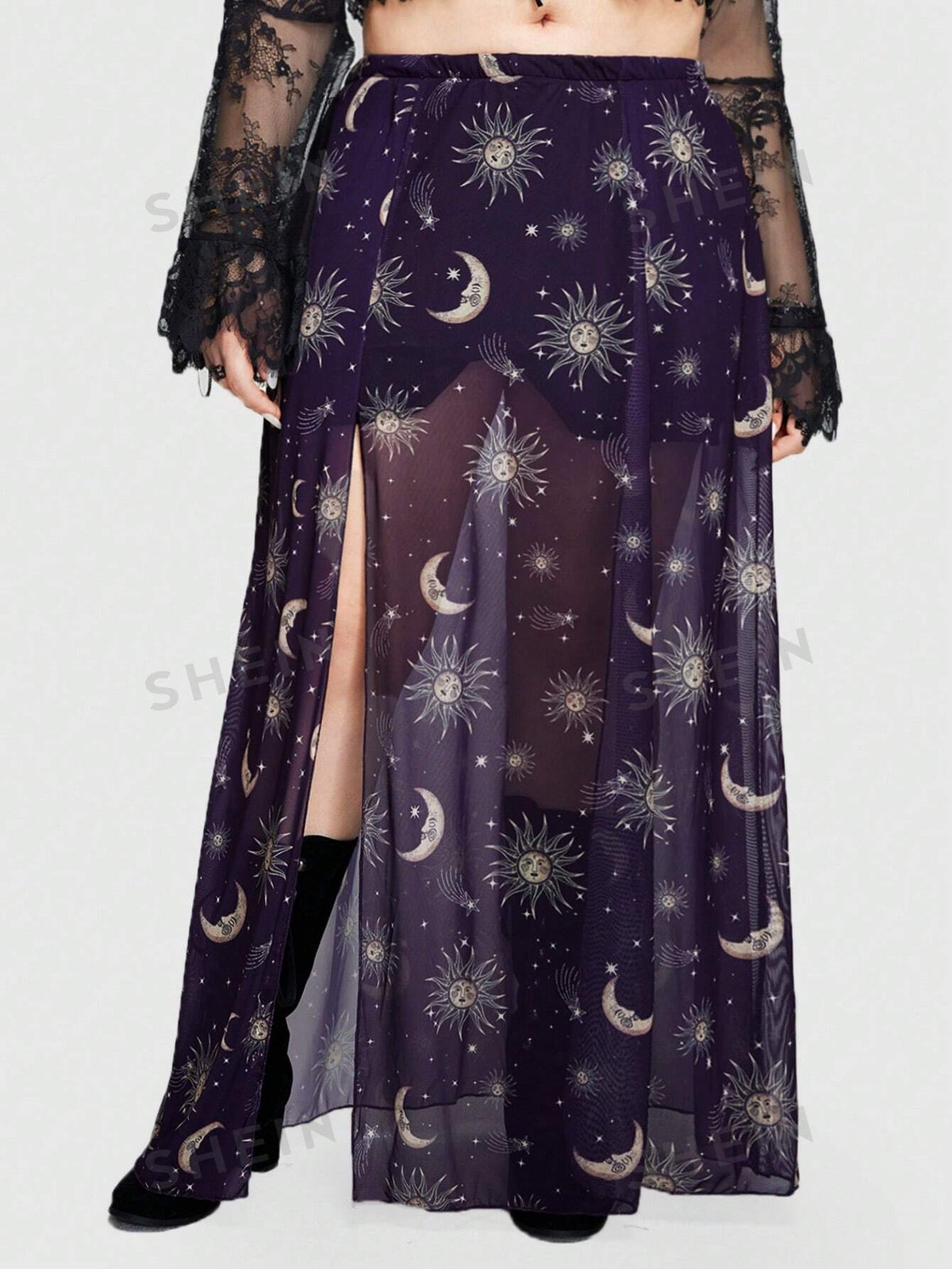 ROMWE Goth Plus Size Mysterious Star, Moon & Sun Pattern Sheer High Side Slit Skirt