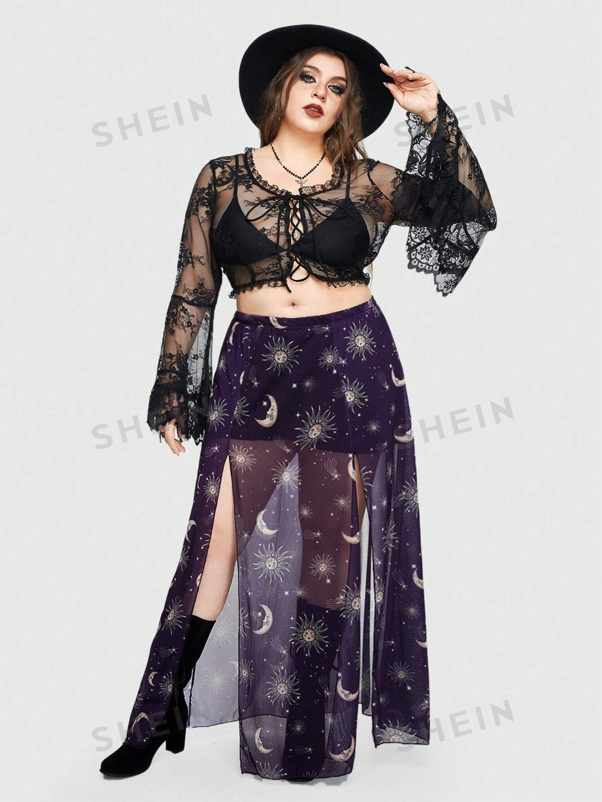 ROMWE Goth Plus Size Mysterious Star, Moon & Sun Pattern Sheer High Side Slit Skirt