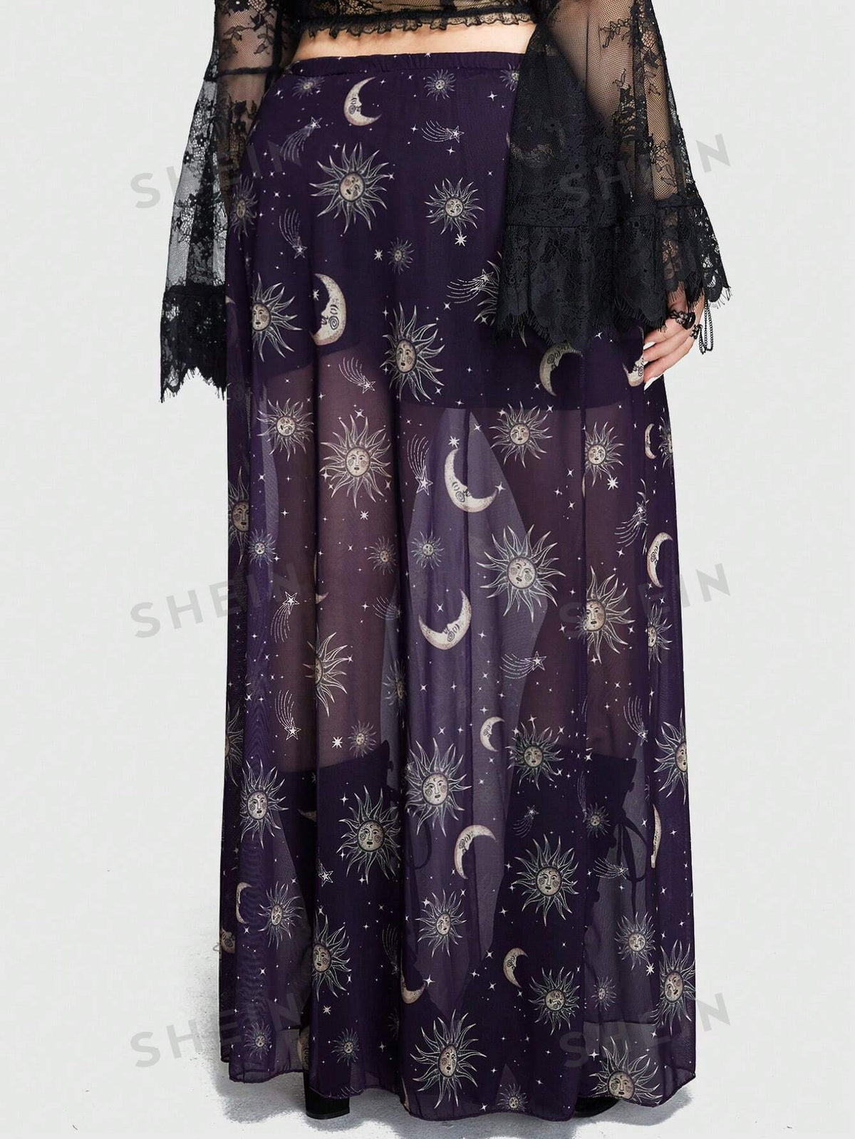 ROMWE Goth Plus Size Mysterious Star, Moon & Sun Pattern Sheer High Side Slit Skirt