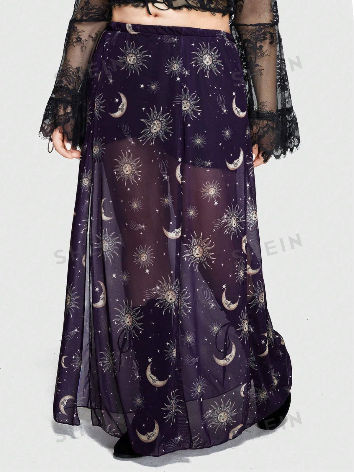 ROMWE Goth Plus Size Mysterious Star, Moon & Sun Pattern Sheer High Side Slit Skirt