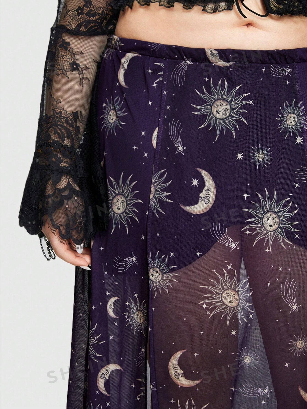 ROMWE Goth Plus Size Mysterious Star, Moon & Sun Pattern Sheer High Side Slit Skirt