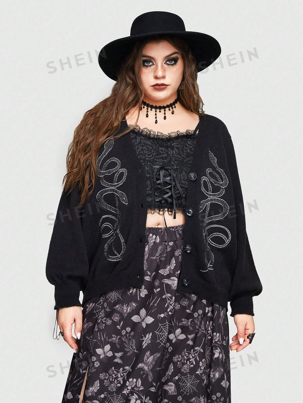 ROMWE Goth Plus Size Gothic Style Snake Embroidered Long Sleeve Cardigan