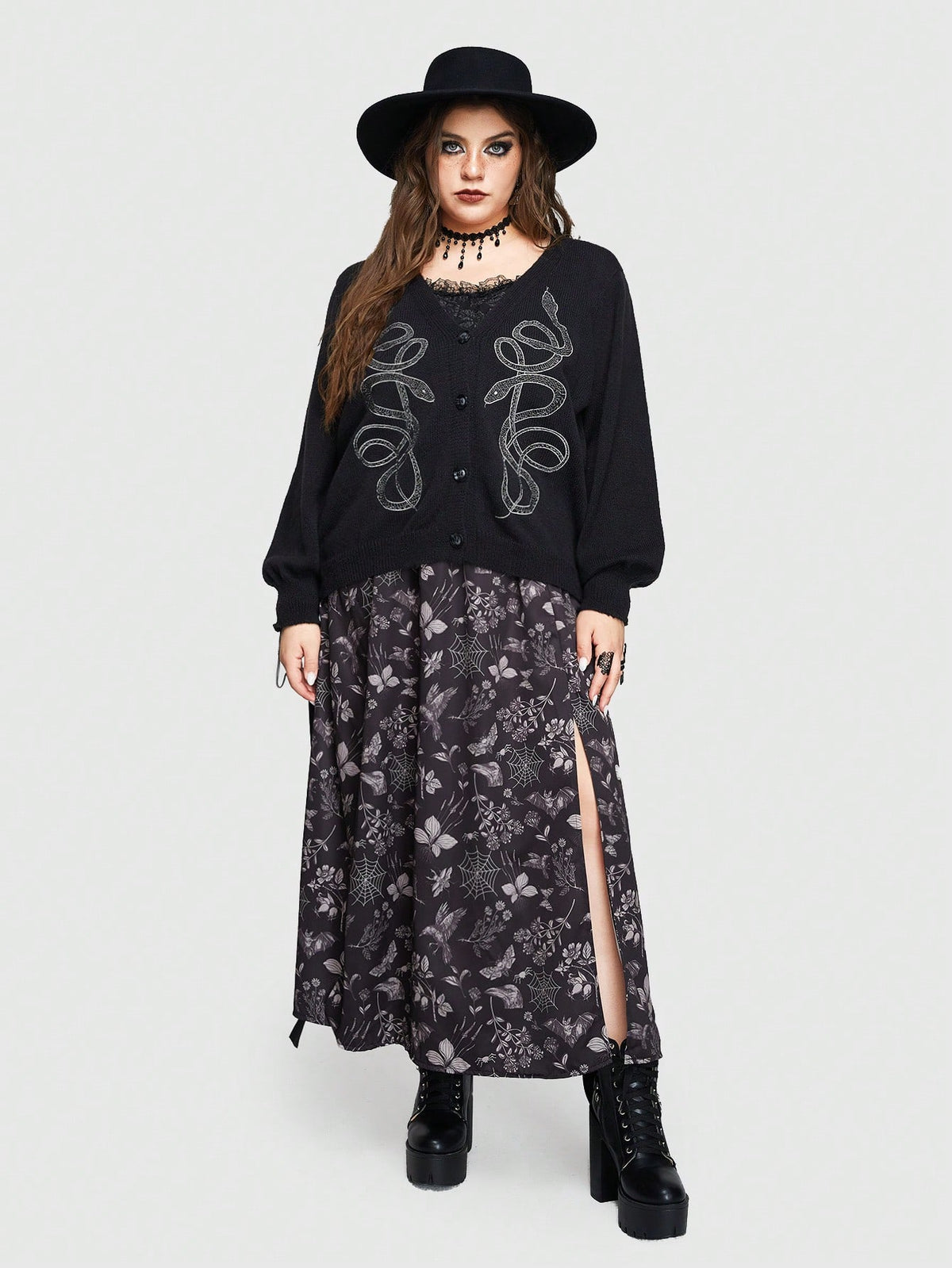 ROMWE Goth Plus Size Gothic Style Snake Embroidered Long Sleeve Cardigan