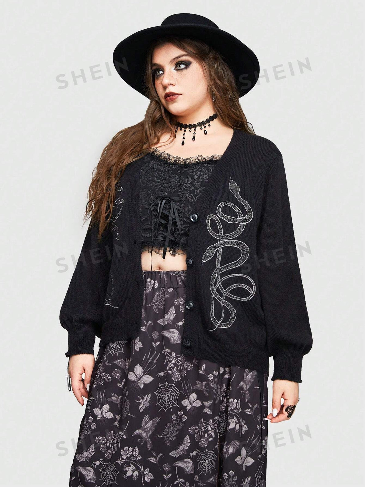 ROMWE Goth Plus Size Gothic Style Snake Embroidered Long Sleeve Cardigan