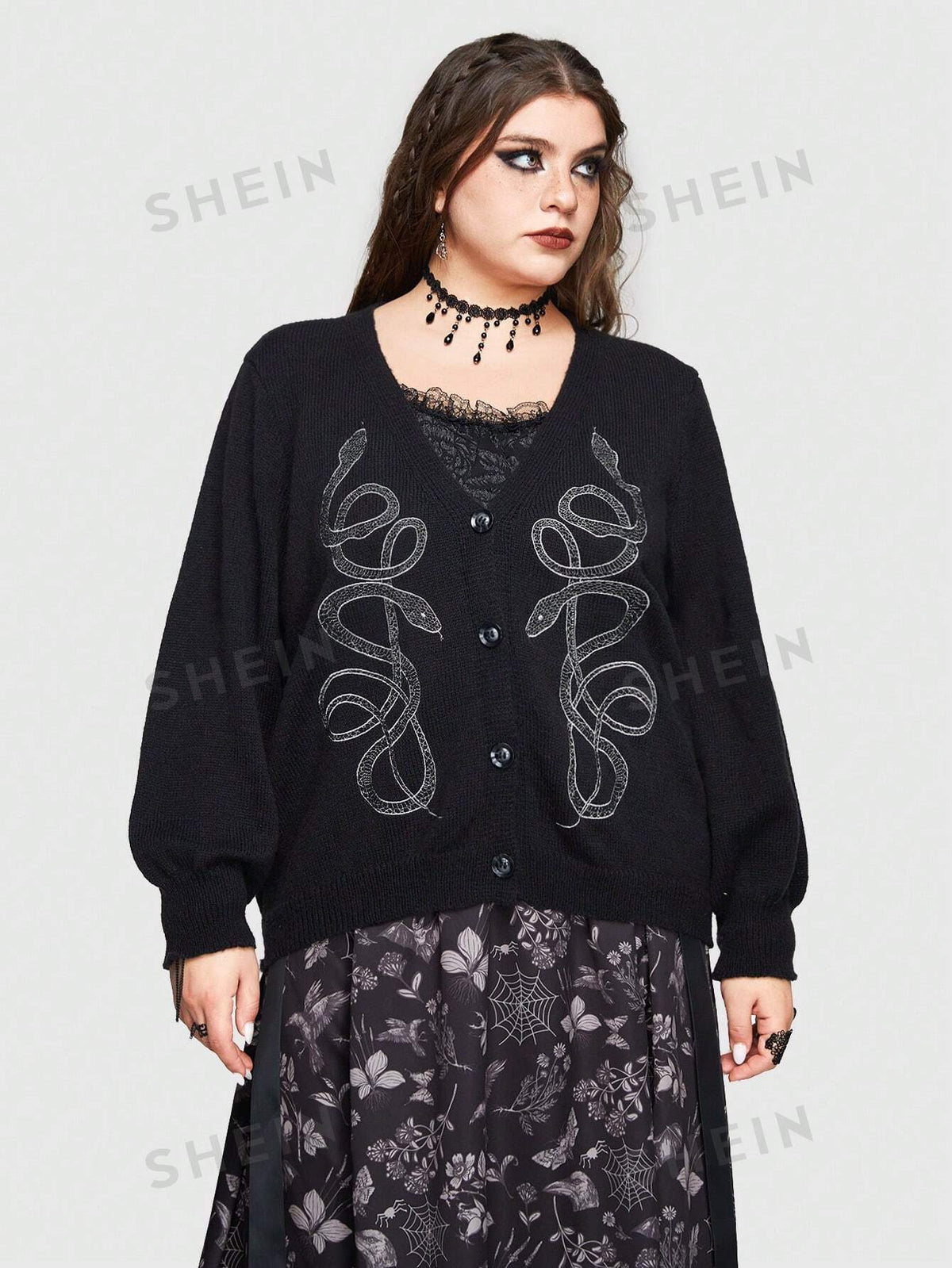 ROMWE Goth Plus Size Gothic Style Snake Embroidered Long Sleeve Cardigan