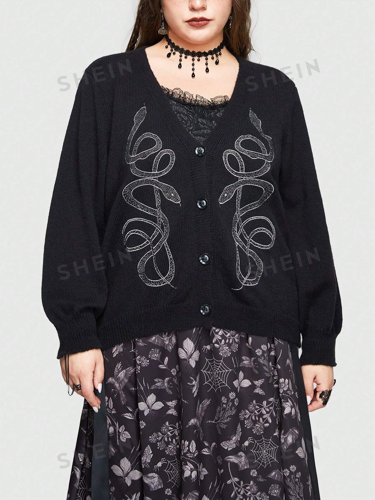 ROMWE Goth Plus Size Gothic Style Snake Embroidered Long Sleeve Cardigan