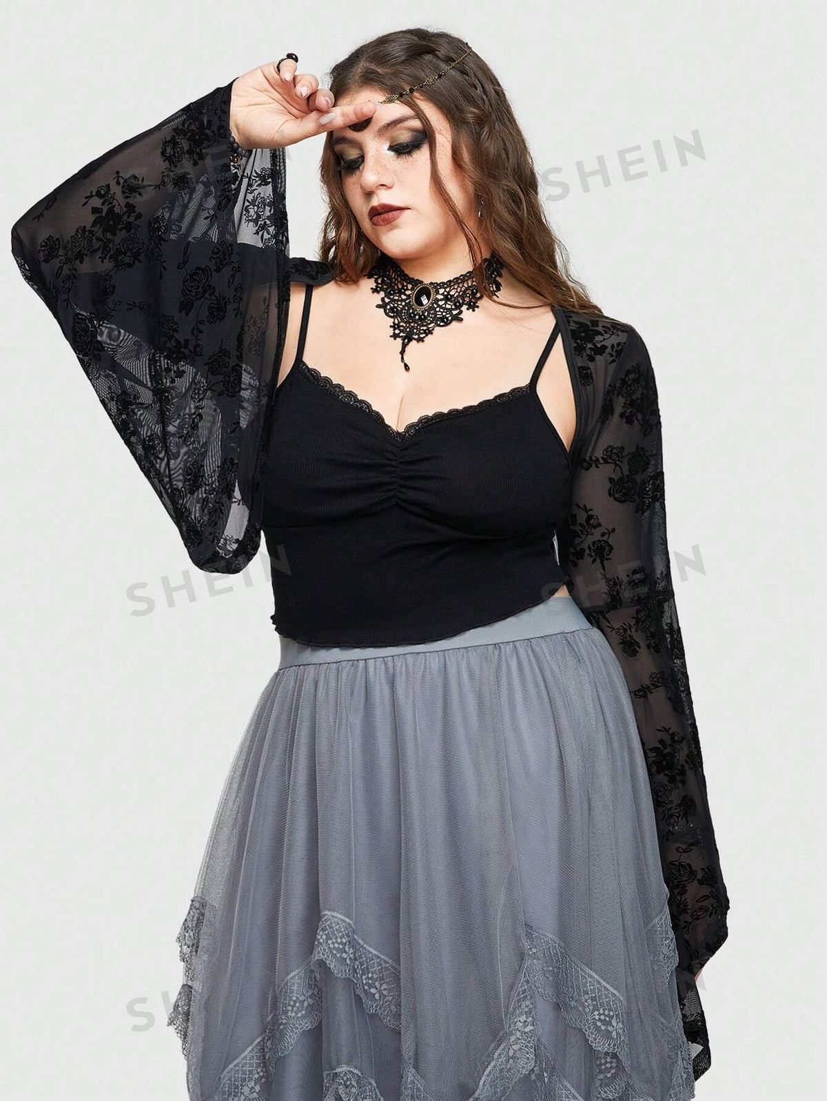 ROMWE Goth Plus Size Romantic Gothic Style Flared Sleeves Short Mesh Bolero Top With Rose Flocking Detail