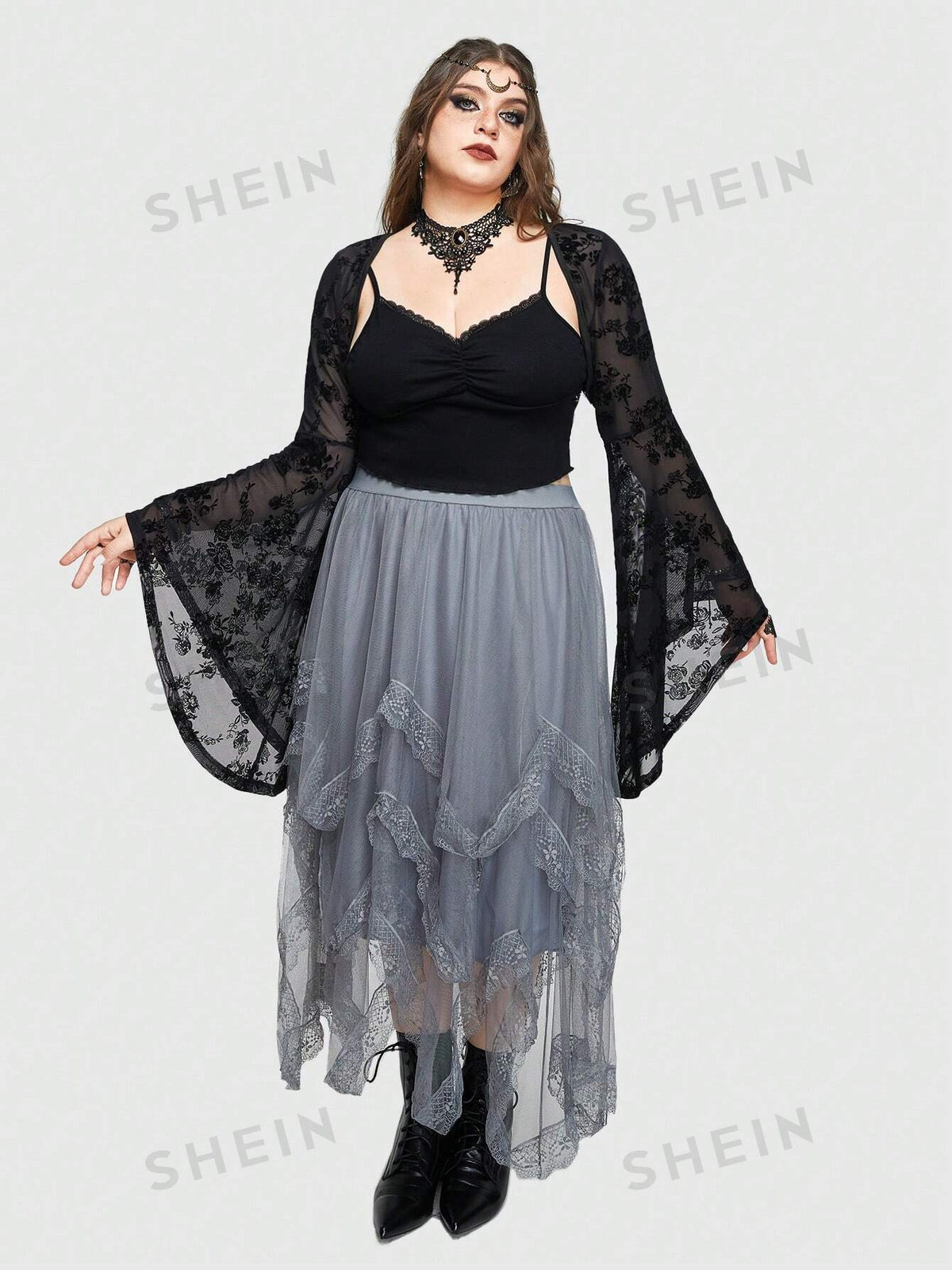 ROMWE Goth Plus Size Romantic Gothic Style Flared Sleeves Short Mesh Bolero Top With Rose Flocking Detail