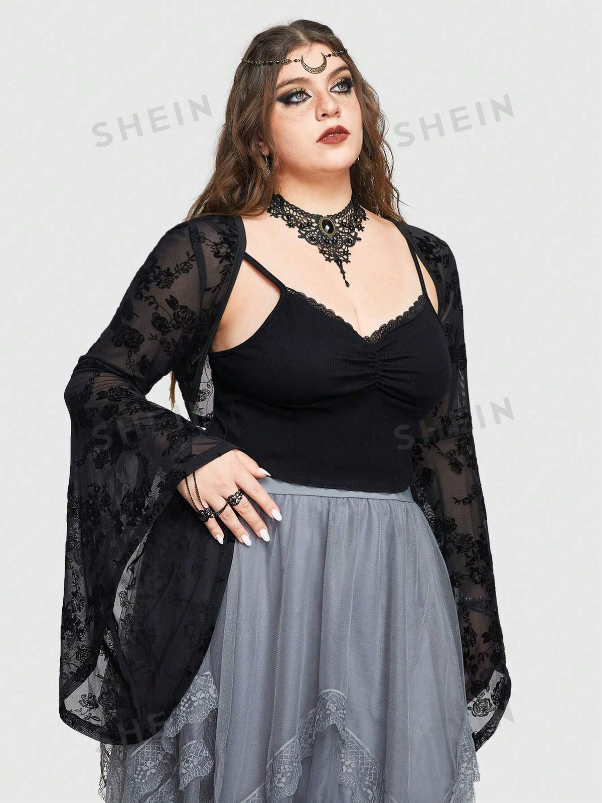 ROMWE Goth Plus Size Romantic Gothic Style Flared Sleeves Short Mesh Bolero Top With Rose Flocking Detail