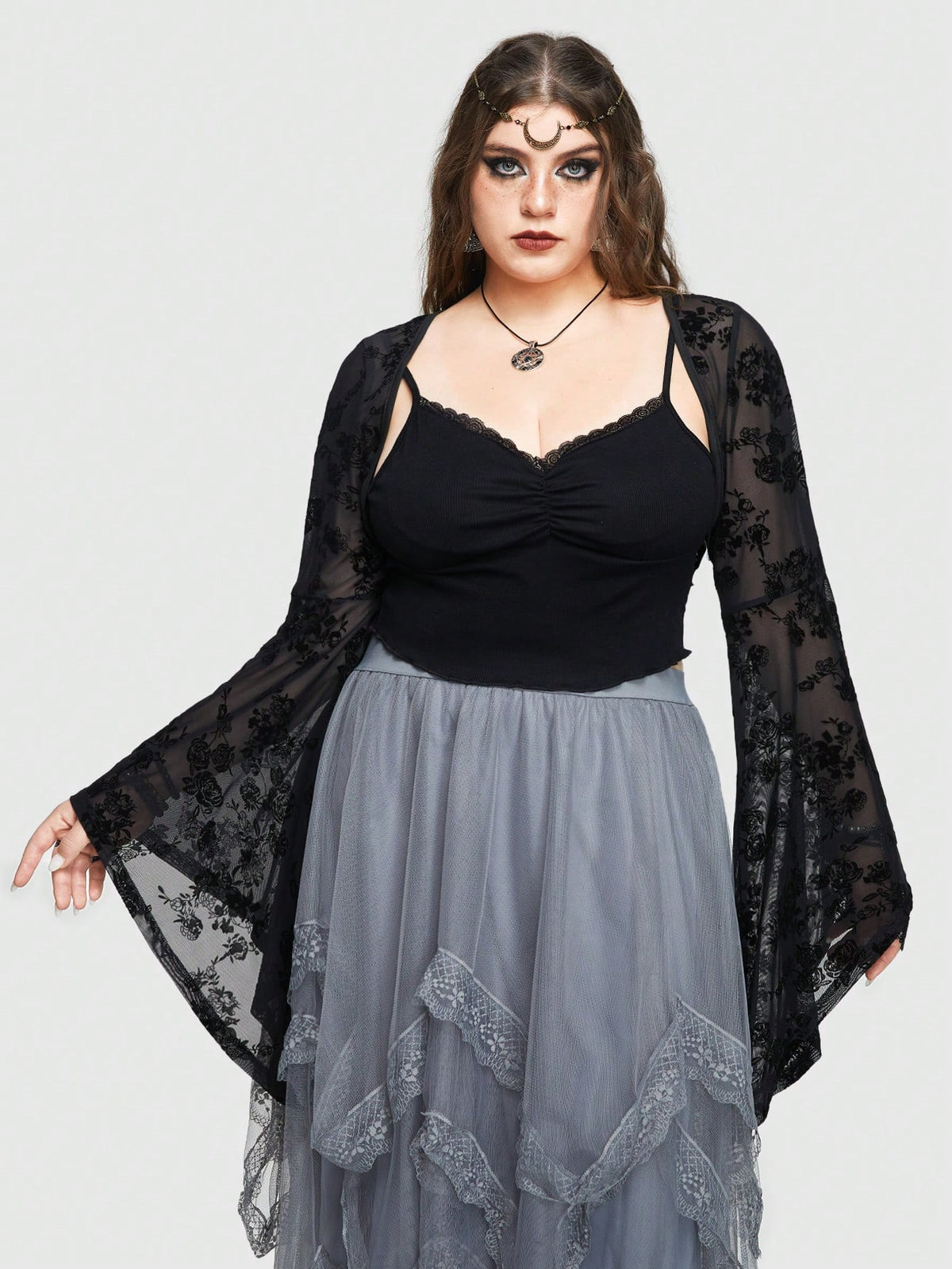 ROMWE Goth Plus Size Romantic Gothic Style Flared Sleeves Short Mesh Bolero Top With Rose Flocking Detail