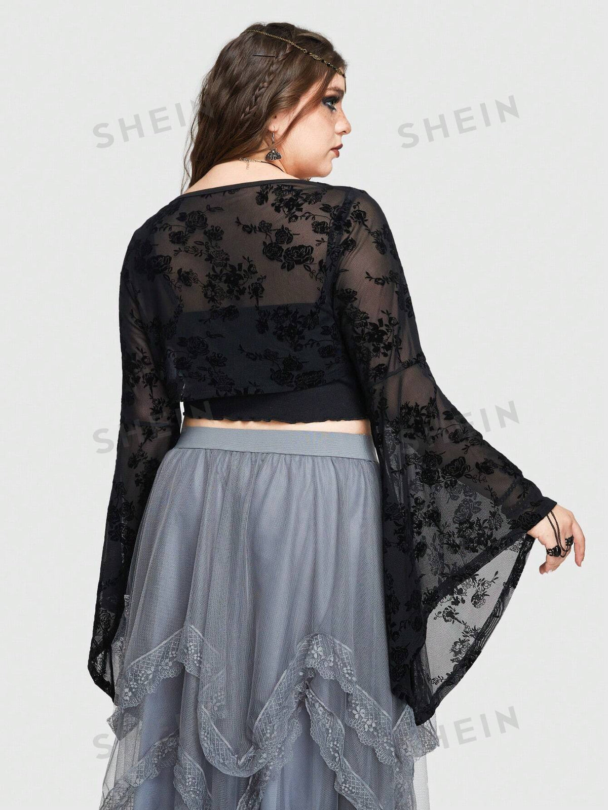 ROMWE Goth Plus Size Romantic Gothic Style Flared Sleeves Short Mesh Bolero Top With Rose Flocking Detail