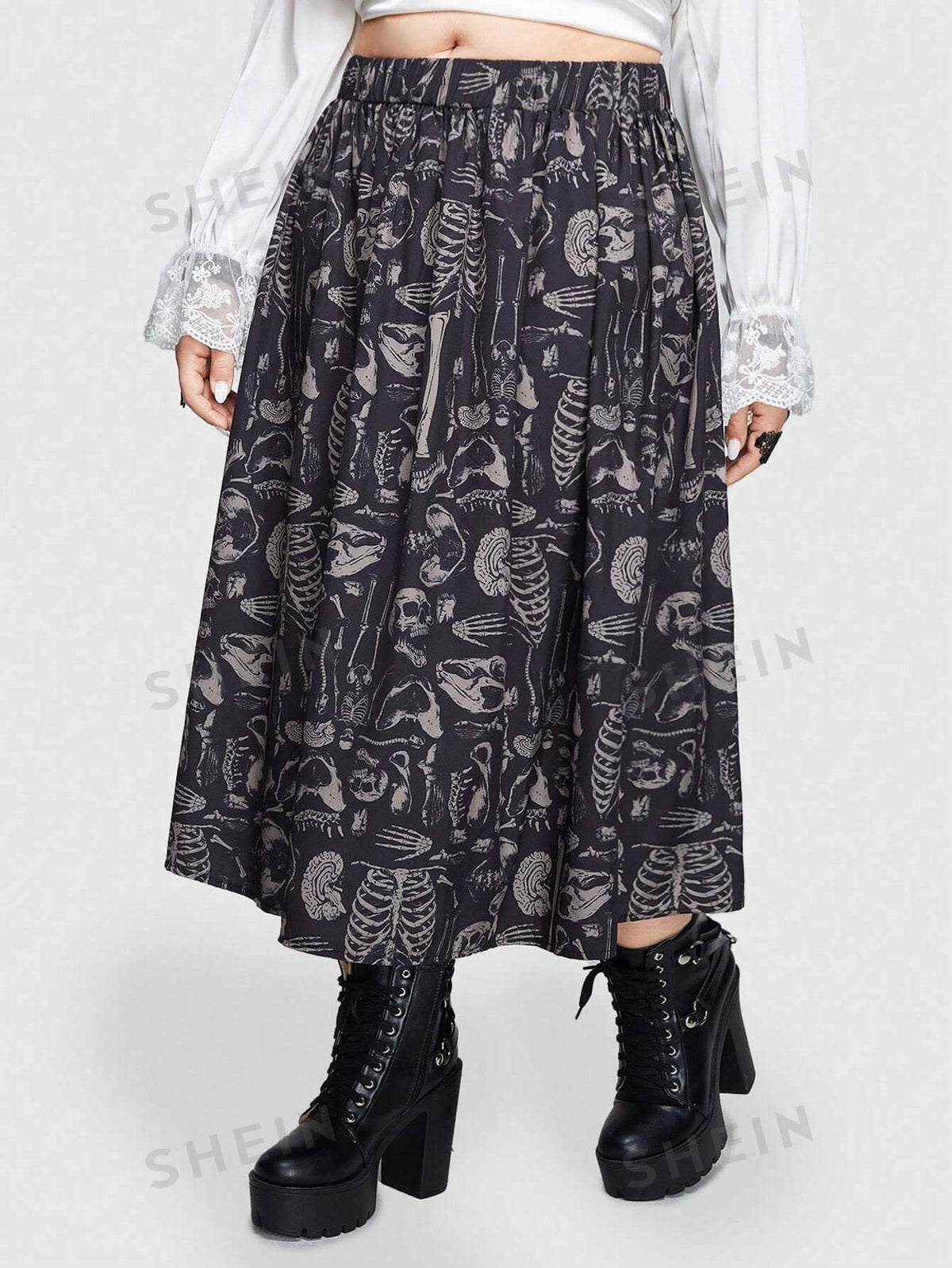 ROMWE Goth Women's Plus Size Skeleton Skull Printed Skirt