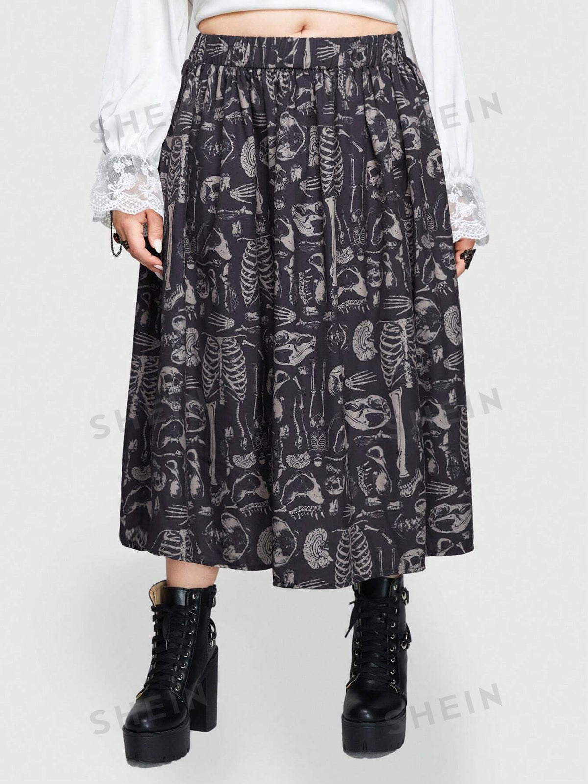 ROMWE Goth Women's Plus Size Skeleton Skull Printed Skirt