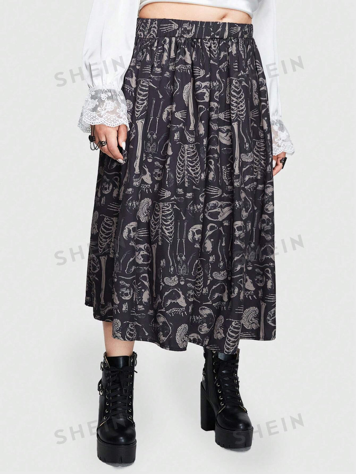 ROMWE Goth Women's Plus Size Skeleton Skull Printed Skirt