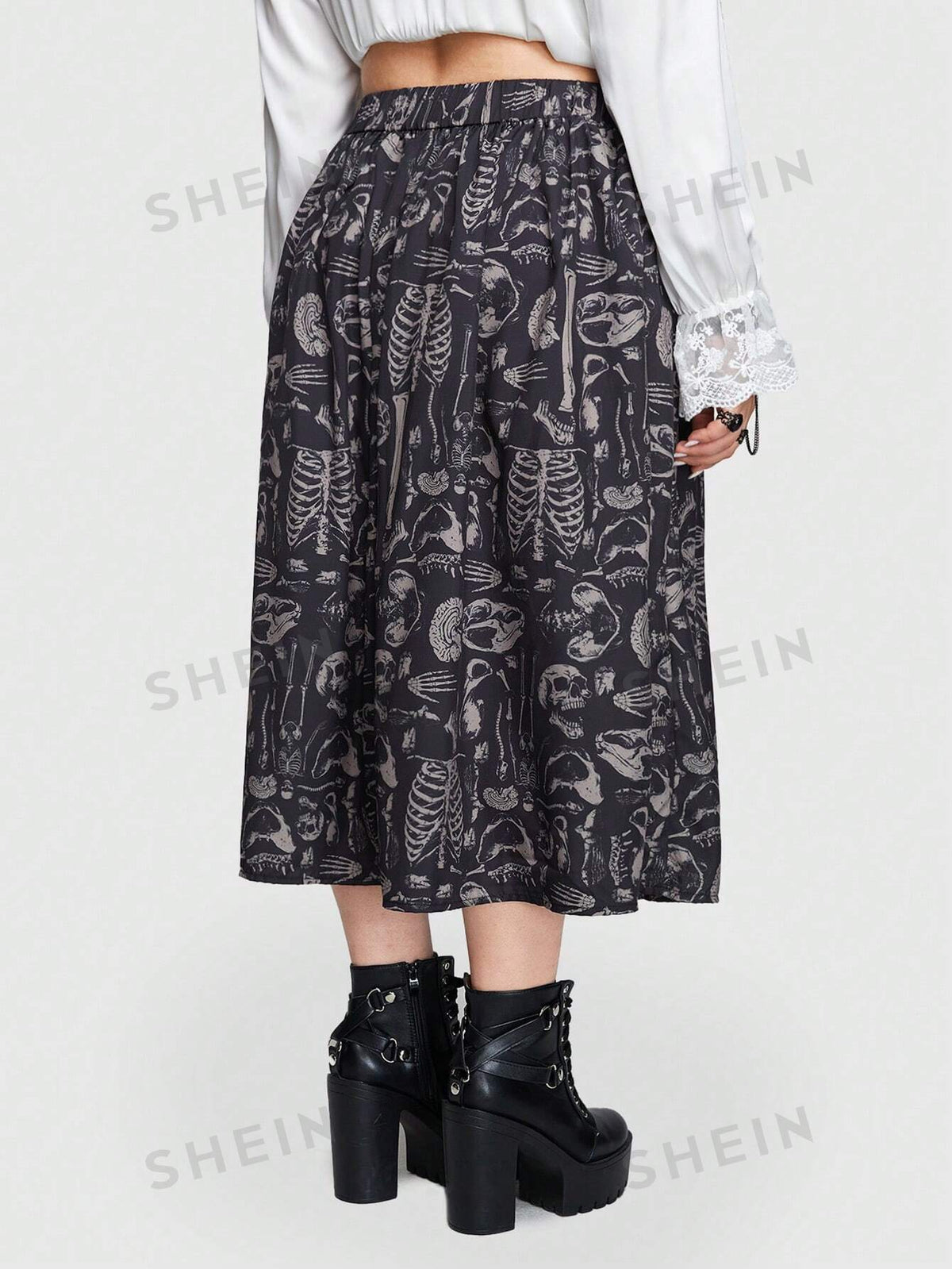 ROMWE Goth Women's Plus Size Skeleton Skull Printed Skirt