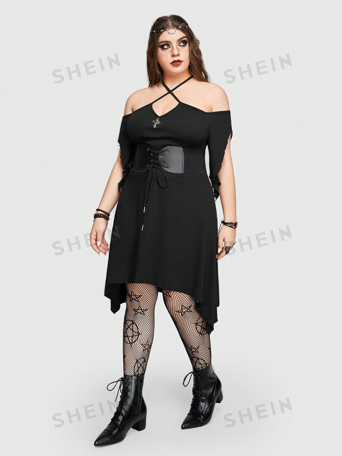 ROMWE Goth Plus Size Hollow Out Shoulder Asymmetrical Hem Halter Neck Dress