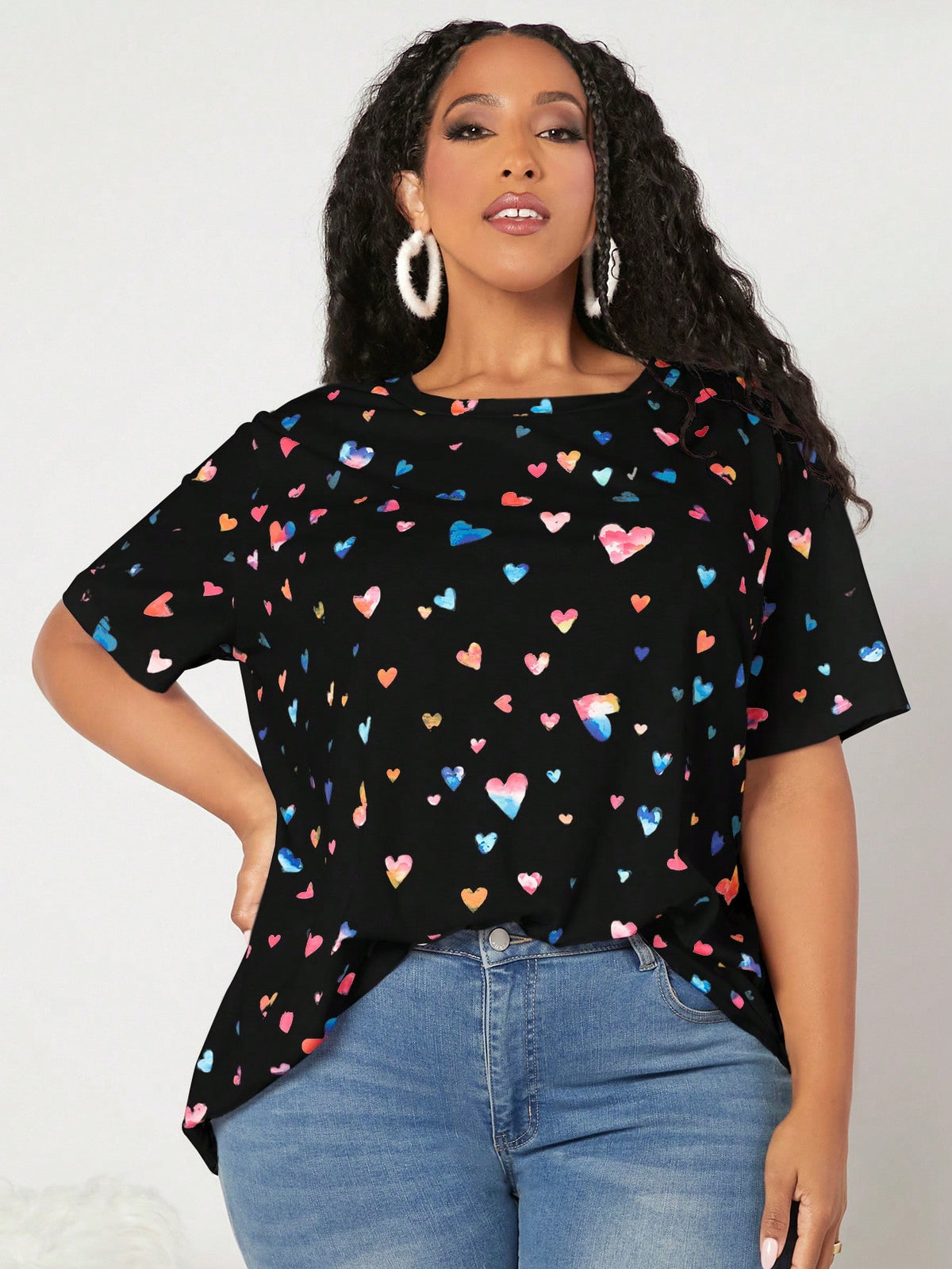 CURVE  Plus Size Women's Heart Print Round Neck Short Sleeve T-Shirt