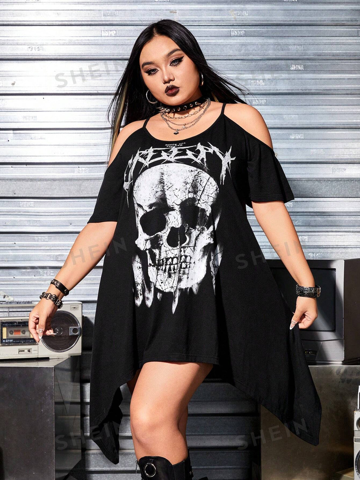 ROMWE PUNK Plus Size Women's Skull Printed Off Shoulder Irregular Hem Dress