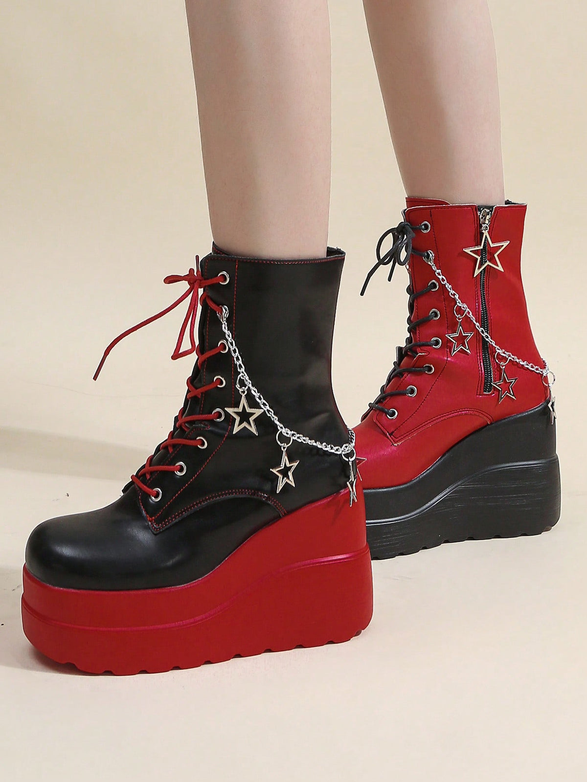 Women's 2024 Autumn/Spring New Punk Style Round-Toe Starry Sky Ankle Boots with Star Chain, Red/Black