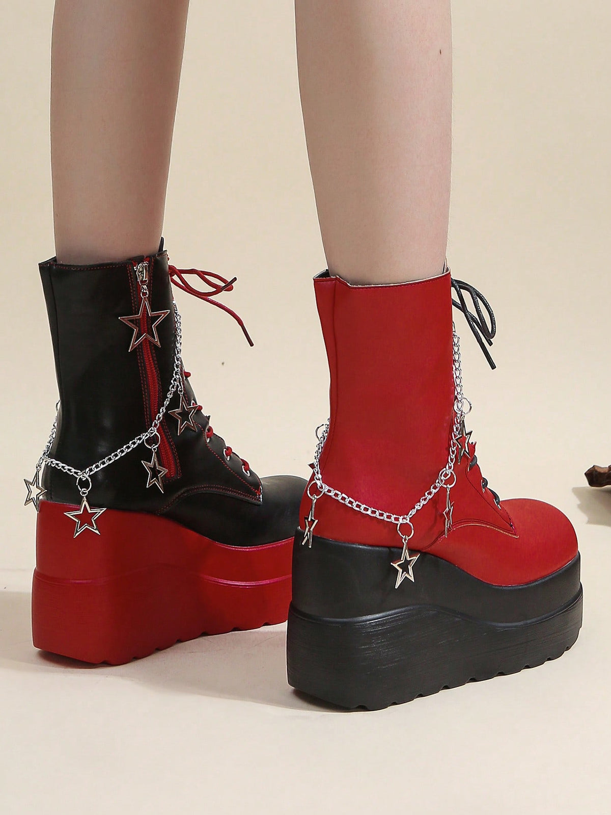 Women's 2024 Autumn/Spring New Punk Style Round-Toe Starry Sky Ankle Boots with Star Chain, Red/Black