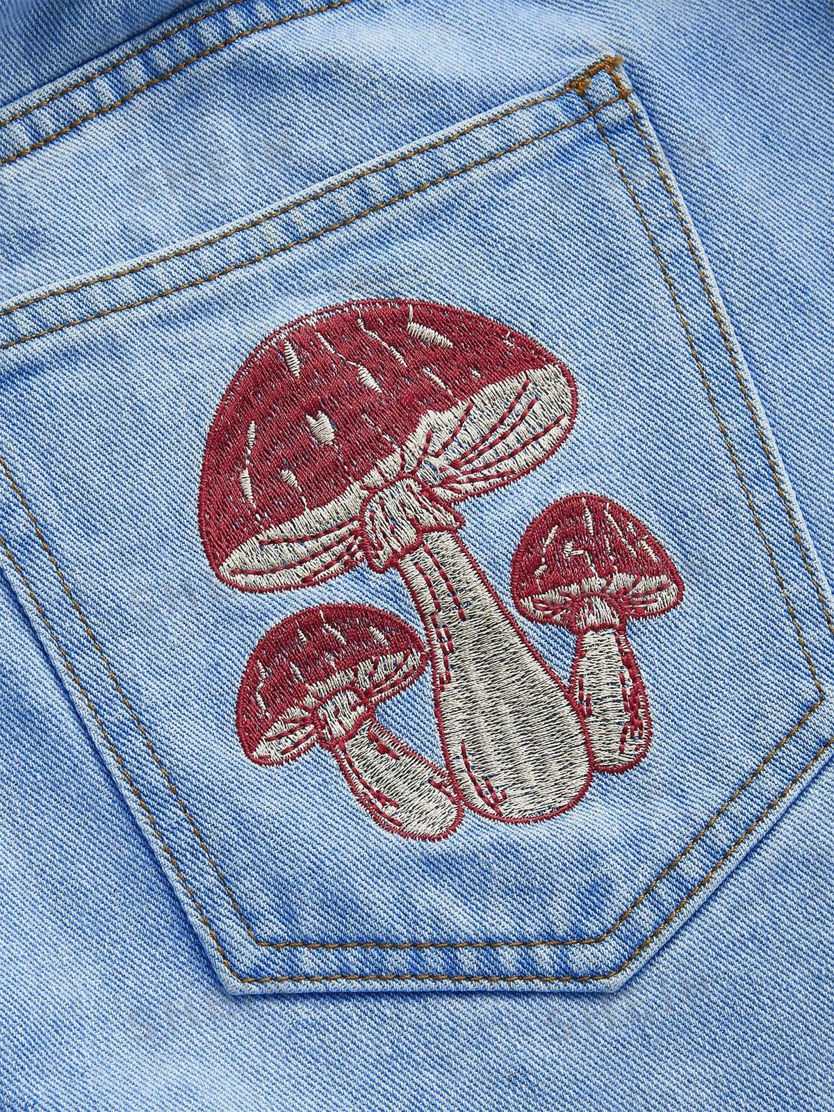 ROMWE Fairycore Plus Butterfly & Mushroom Embroidery Denim Shorts