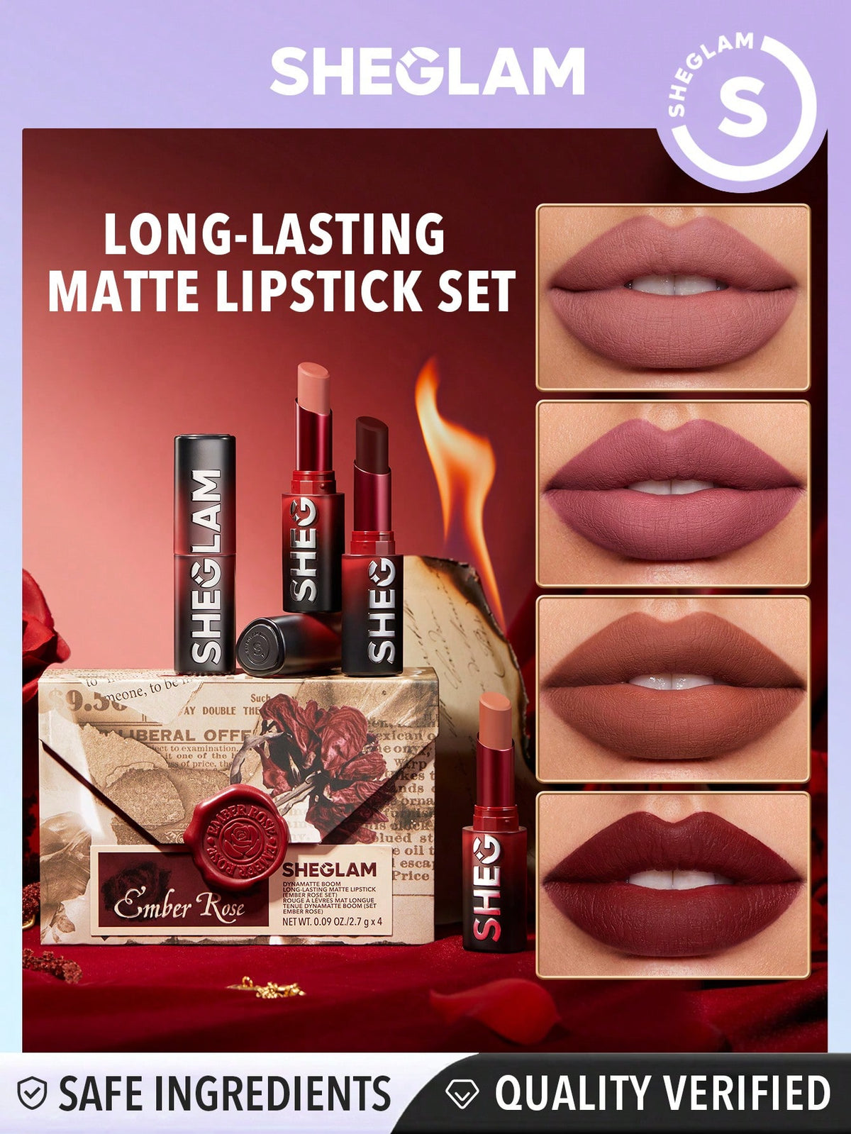 SHEGLAM Dynamatte Boom Long-Lasting Matte Lipstick (Ember Rose Set) 4 Pcs/Set Valentines Gift Pink Red Nude Lipstick Set Lightweight Color Non-Transfer Creamy-Matte Lip Makeup Collection