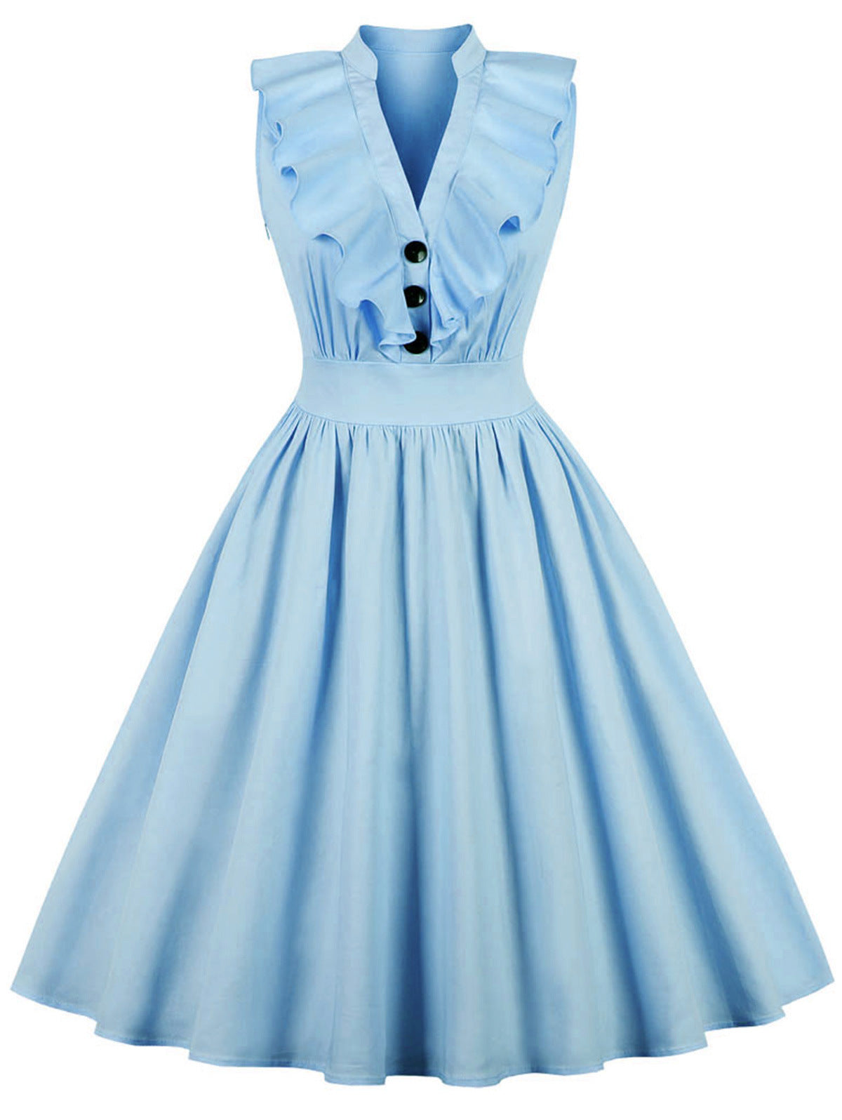 V Neck Ruffle Front Solid Colored Retro Swing Dress