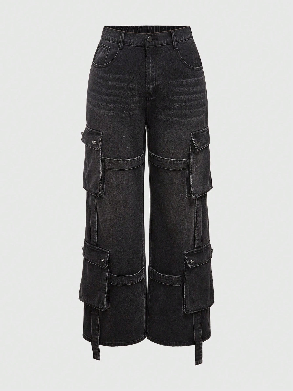 ROMWE Grunge Punk Plus Size Women's Punk Style Streetwear Super Heavy Duty Cargo Pockets Relaxed Fit Straight Leg Black/Gray Washed Denim Pants