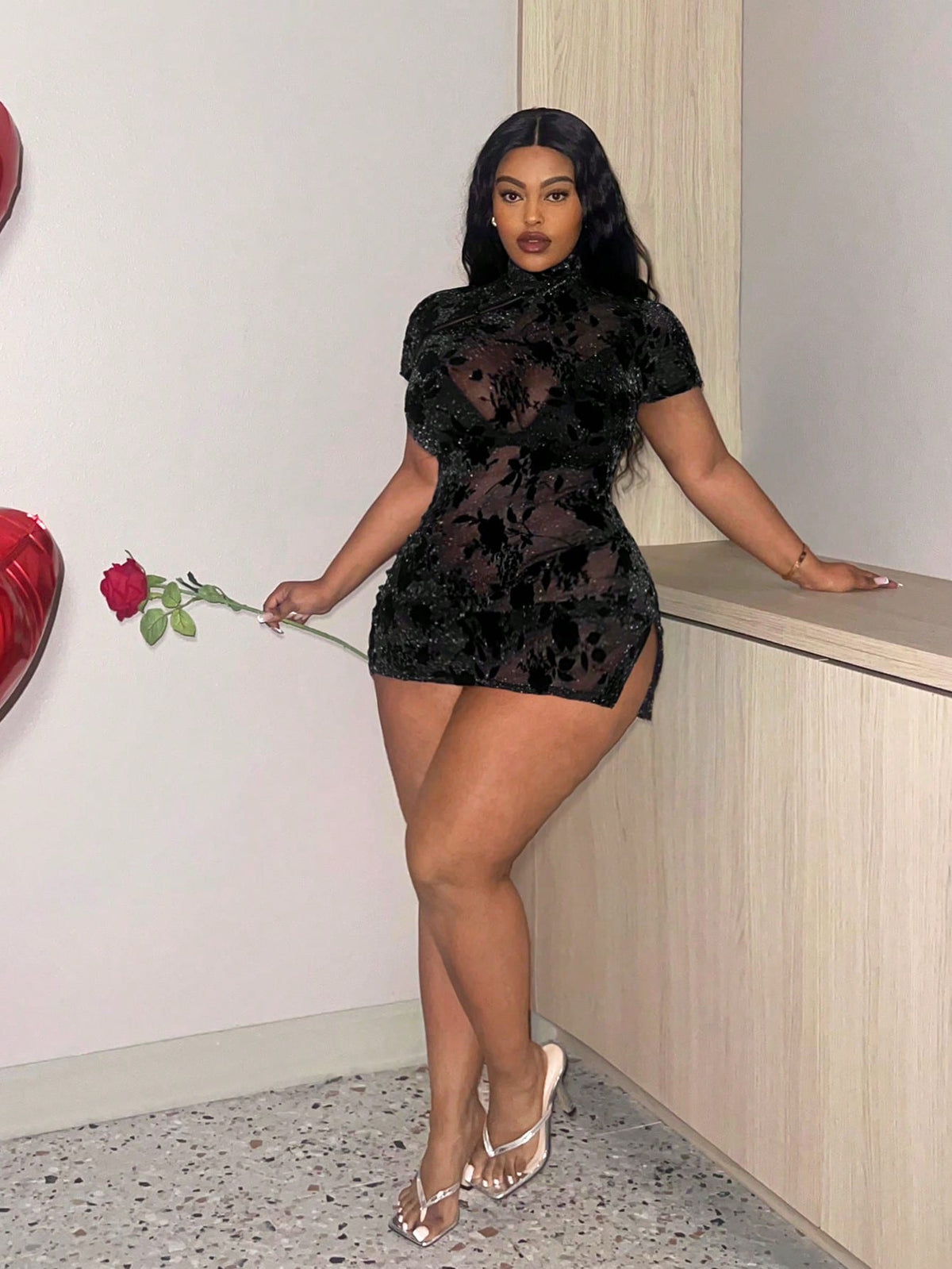 Slayr Plus Size Hot Valentine's Day Black Mesh Perspective Chinese-Style Sexy Dress