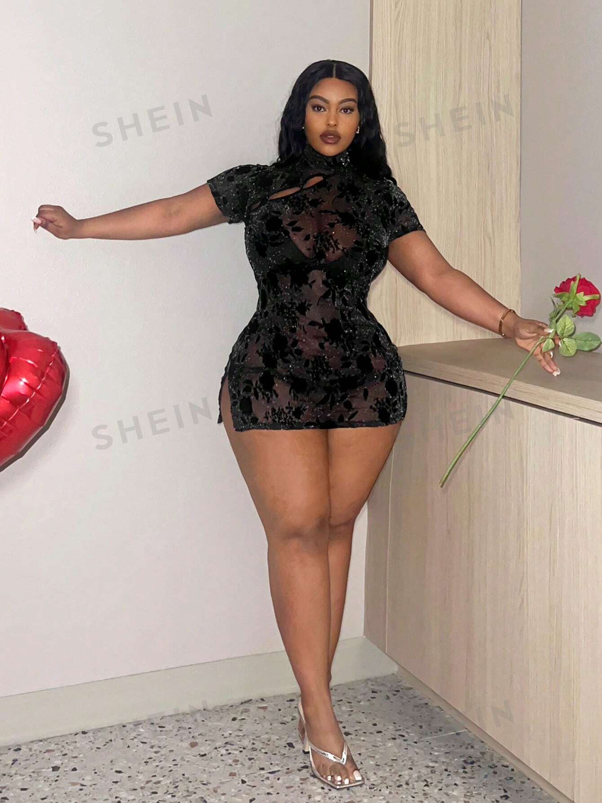 Slayr Plus Size Hot Valentine's Day Black Mesh Perspective Chinese-Style Sexy Dress