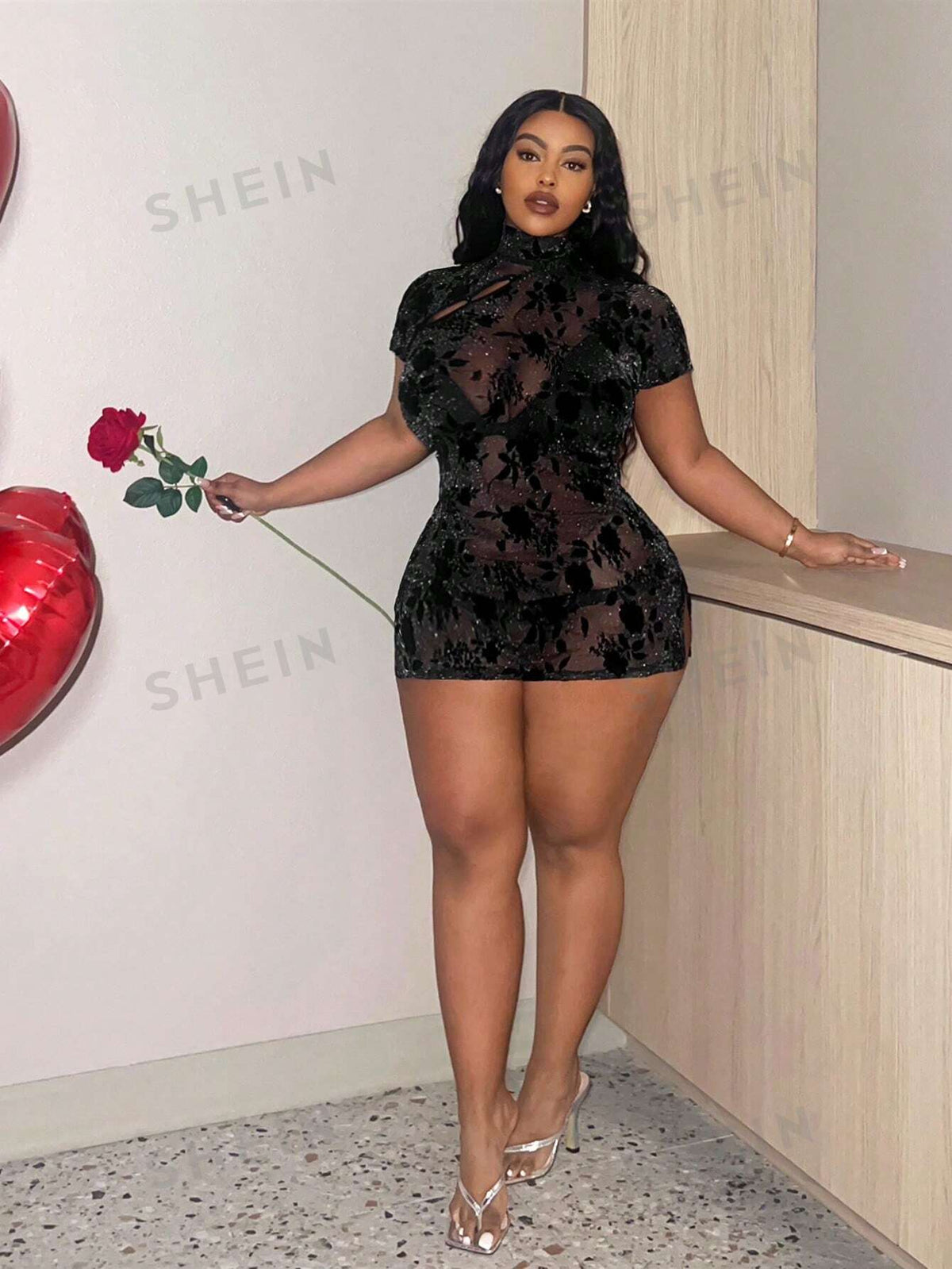 Slayr Plus Size Hot Valentine's Day Black Mesh Perspective Chinese-Style Sexy Dress