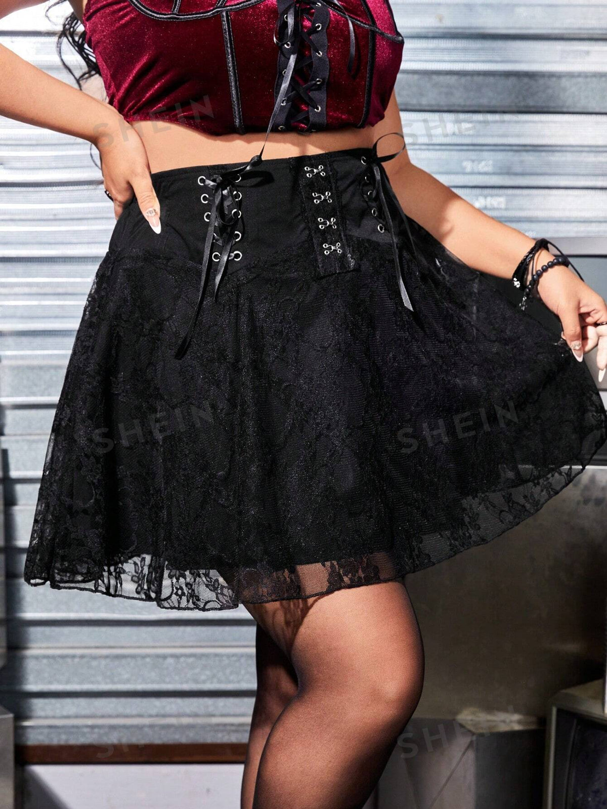 ROMWE Goth Dark Gothic Lace-Up Chicken Eye Wide Waistband Plus Size Skirt