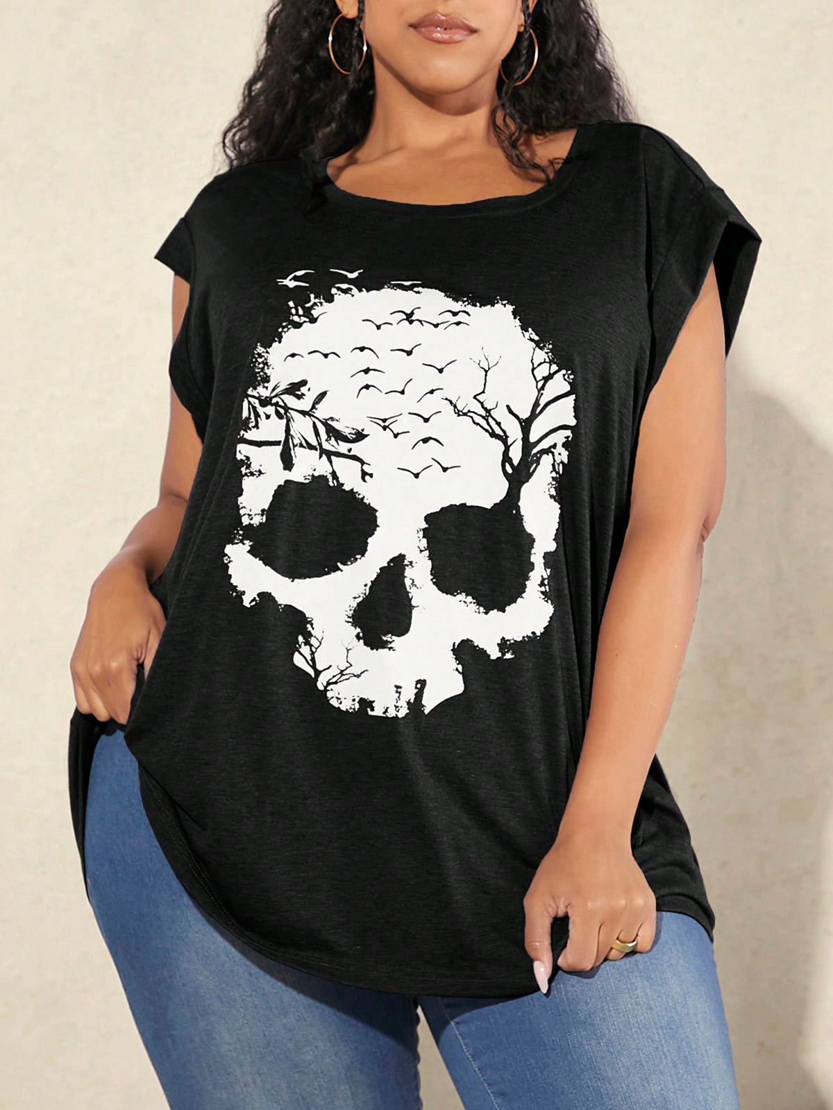 CURVE  Plus Size Women's Skull Print Round Neck Green T-Shirt