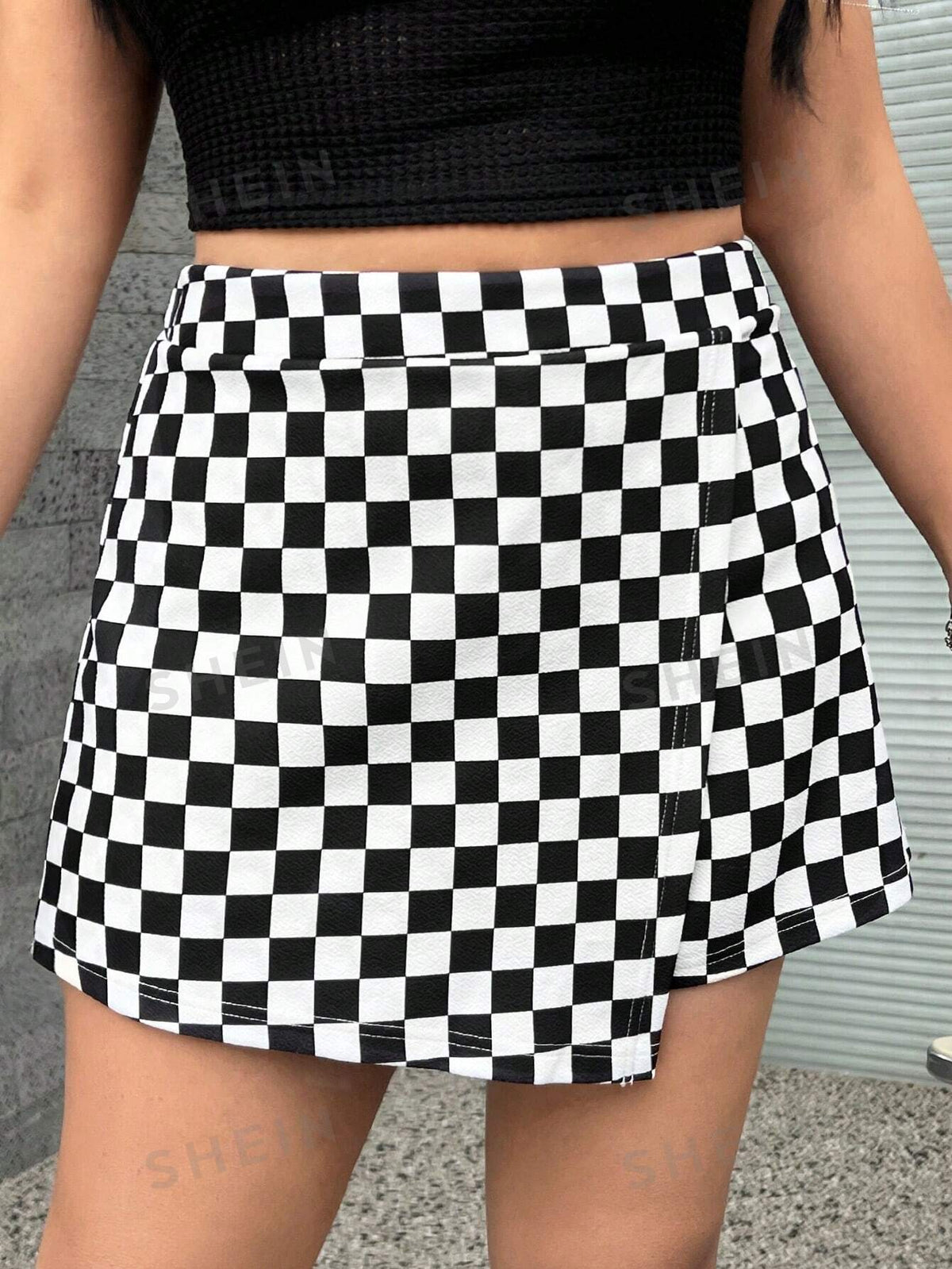 Coolane Women's Plus Size Checkerboard Black And White Print Wrap Culottes