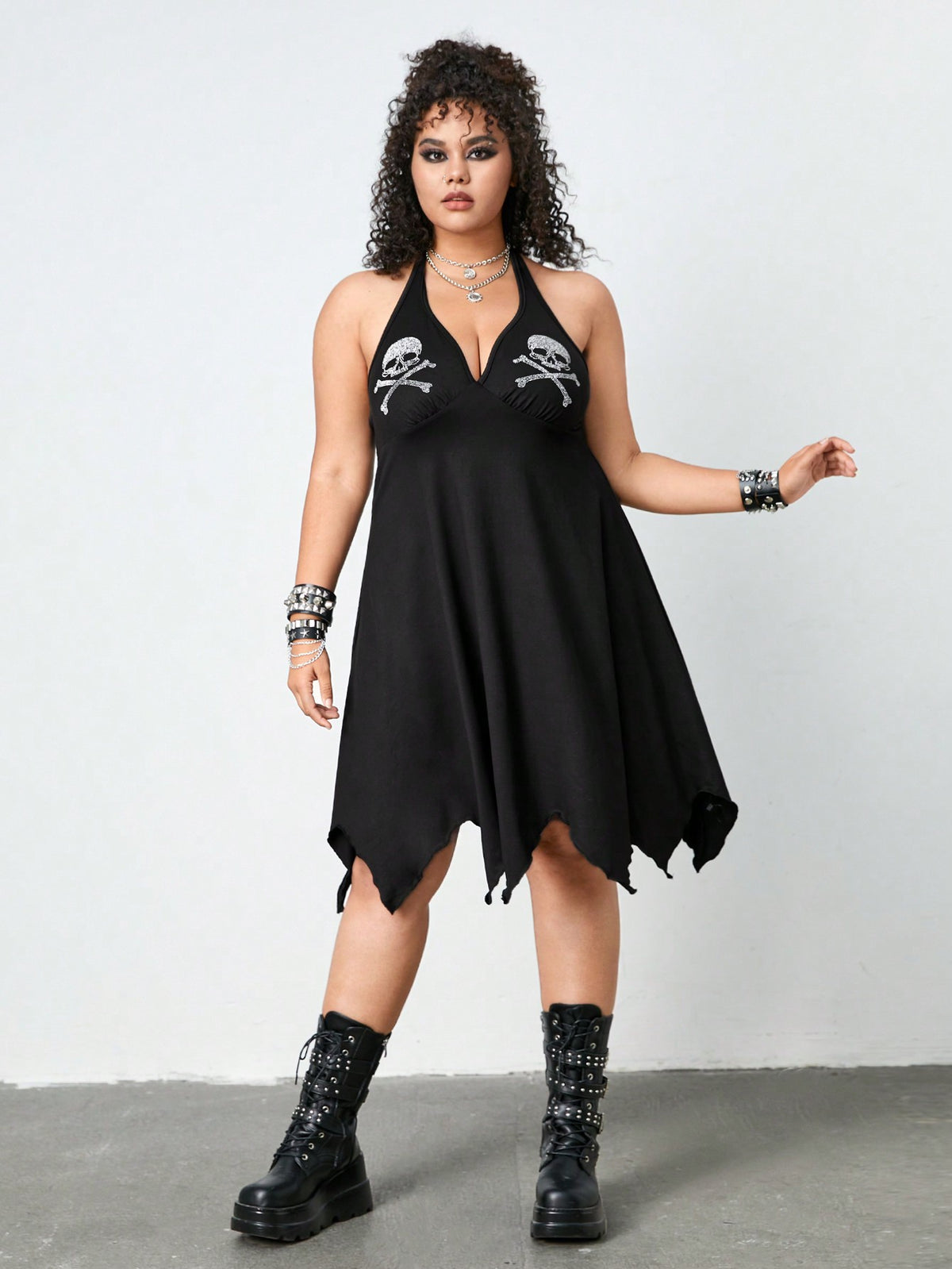 ROMWE Grunge Punk Plus Size Irregular Hem Skull Rhinestone Halter Neck Dress