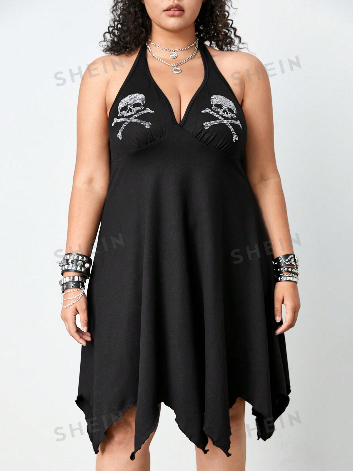 ROMWE Grunge Punk Plus Size Irregular Hem Skull Rhinestone Halter Neck Dress