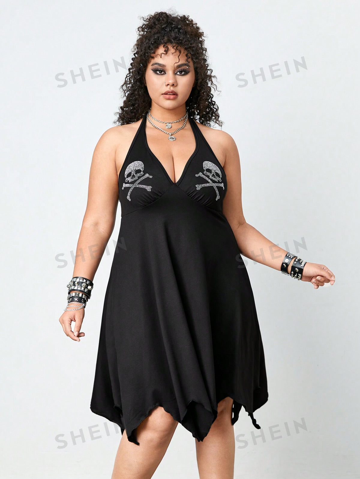 ROMWE Grunge Punk Plus Size Irregular Hem Skull Rhinestone Halter Neck Dress