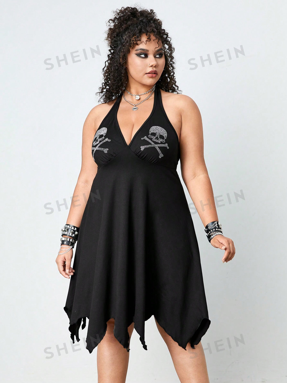 ROMWE Grunge Punk Plus Size Irregular Hem Skull Rhinestone Halter Neck Dress