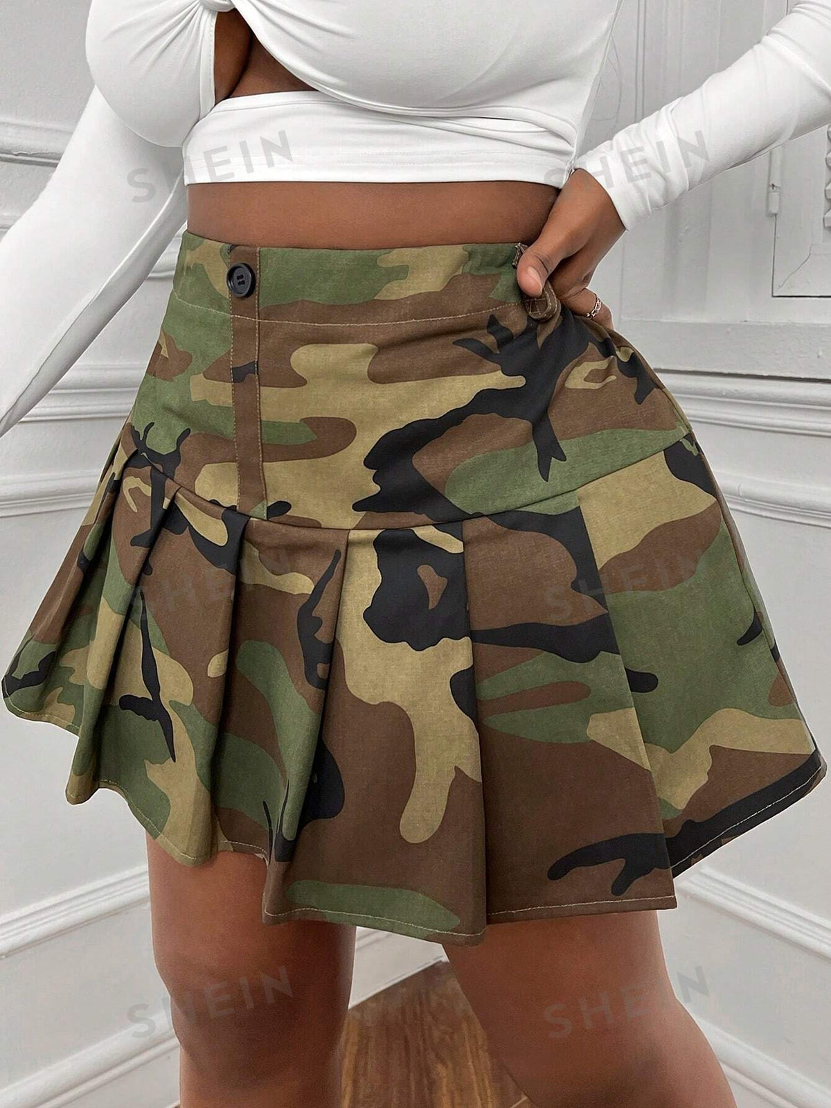 CURVE  Plus Size Summer Classic Camouflage Pleated Skirt