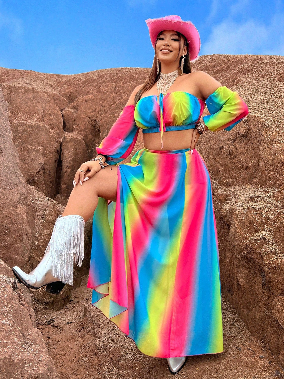 Plus Size Ombre Off Shoulder Cropped Top With High Slit Skirt Set